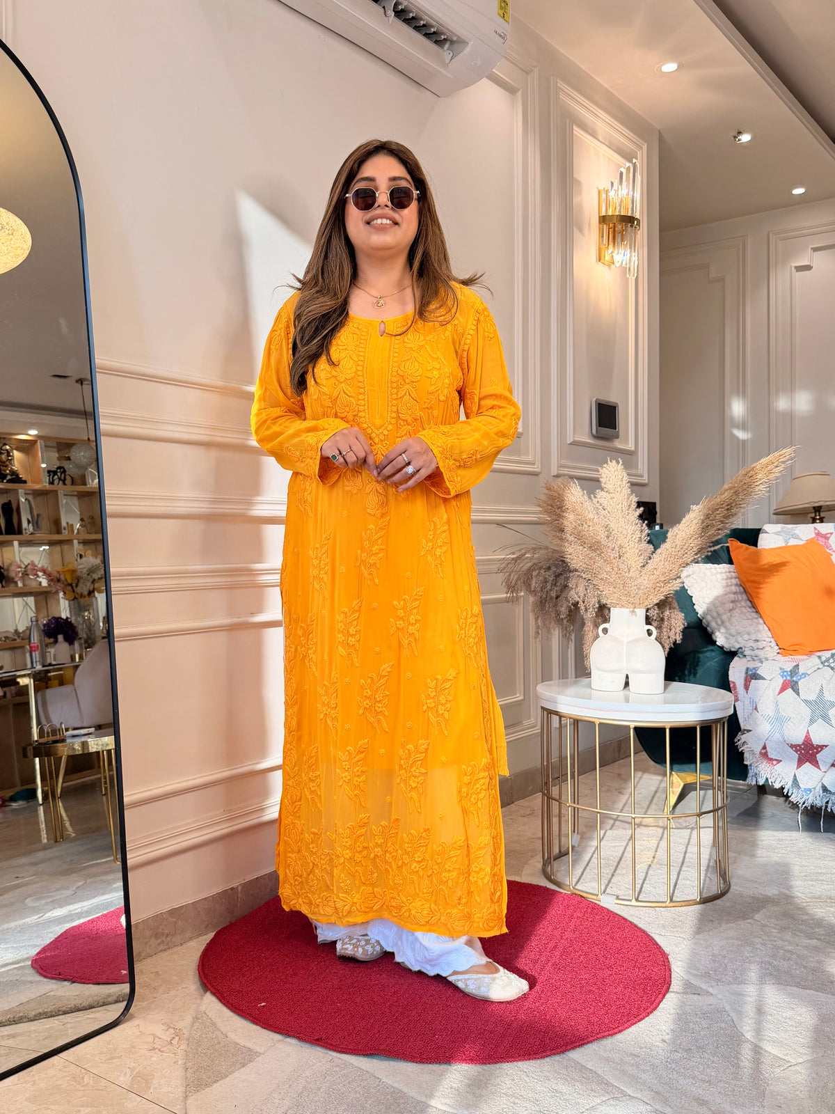 Hand Embroidered 3DChikankari Kurta  | Viscose | Mustard