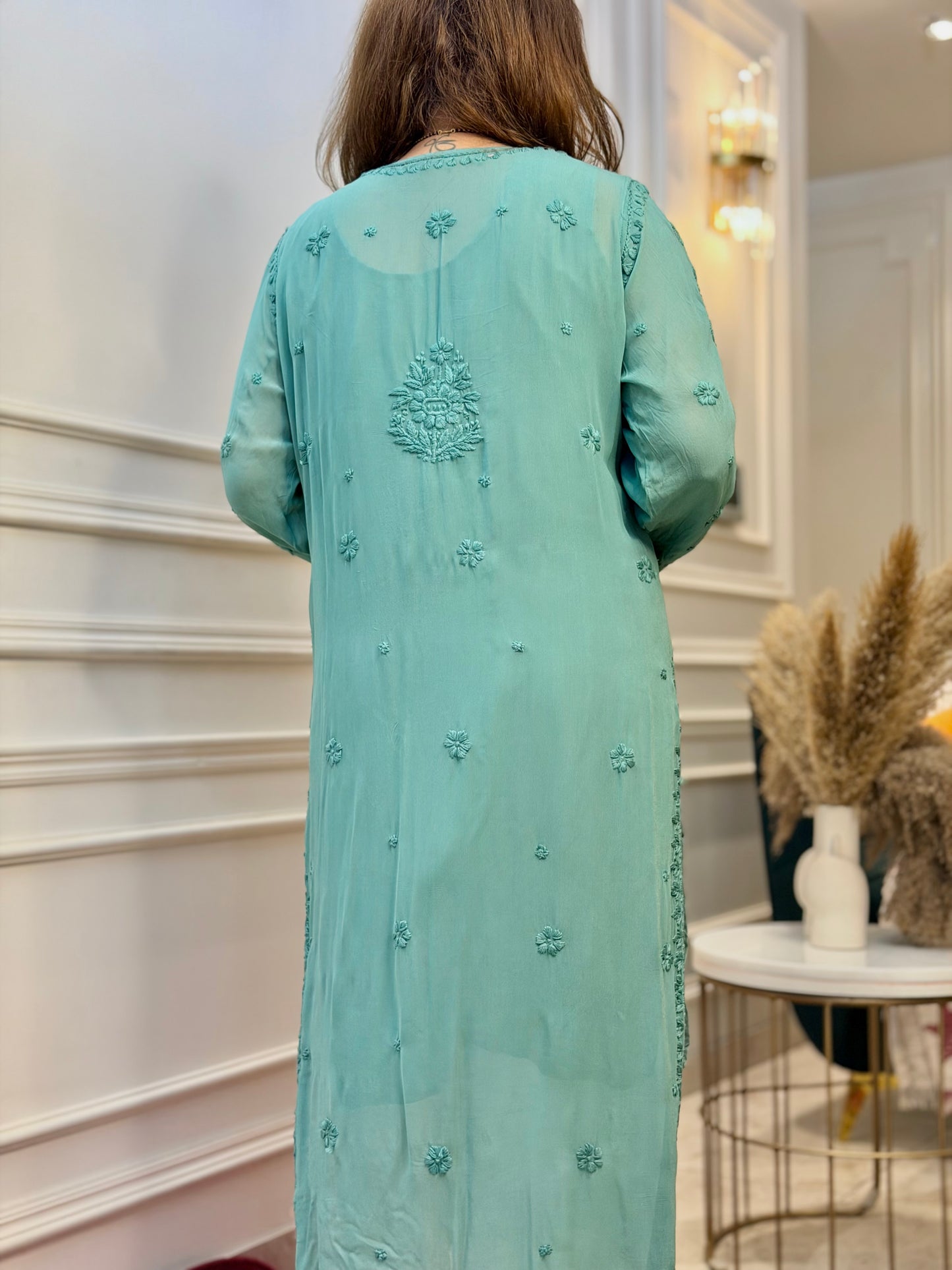 Hand Embroidered 6D Chikankari Kurta  | Premium Viscose | Teal