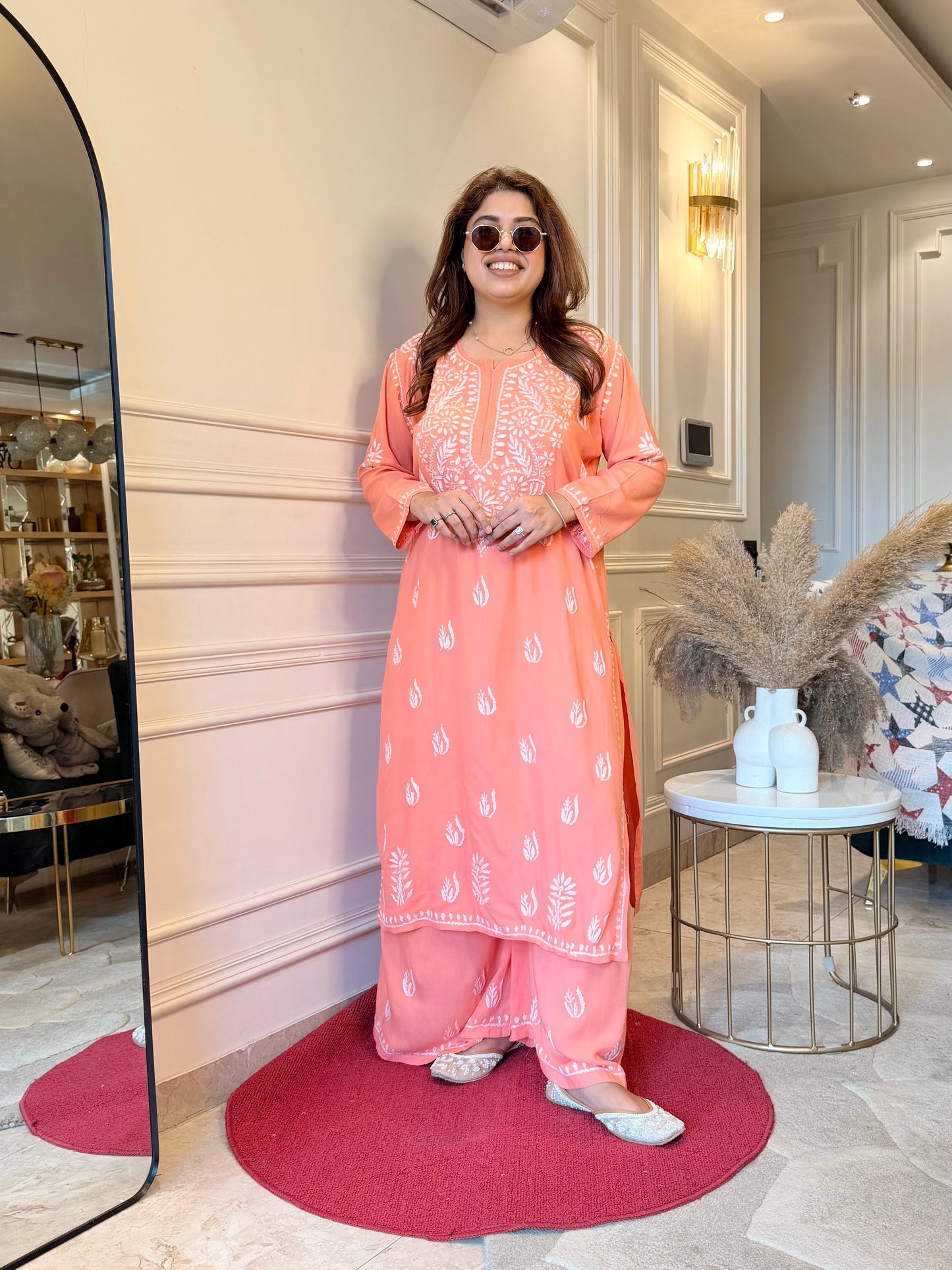 Hand Embroidered Chikankari Kurta set | Modal | Peach