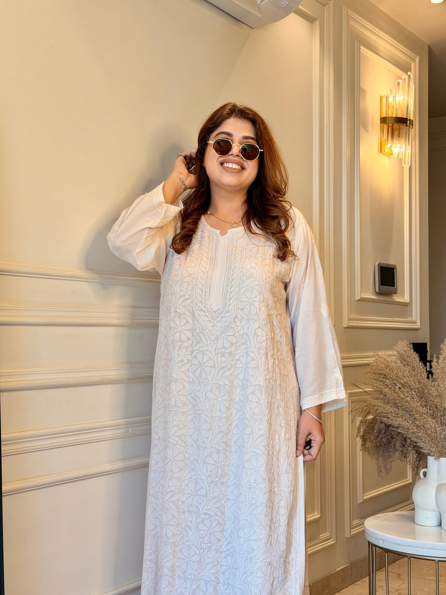 Hand Embroidered Chikankari Kurta  | Premium Muslin | Light Beige