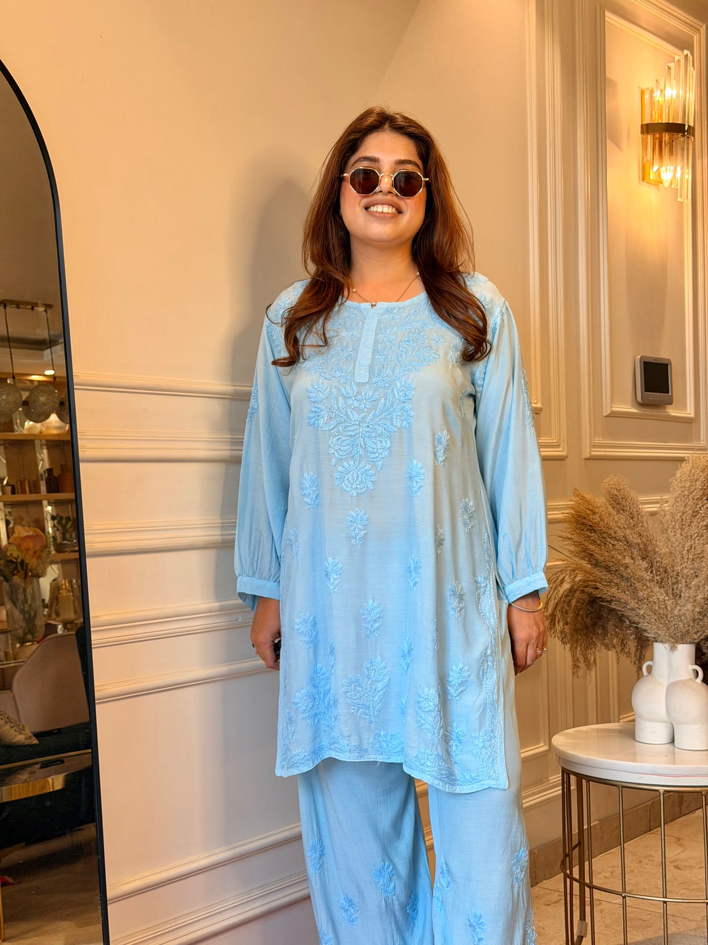 Hand Embroidered Chikankari Cordset | Muslin | Powder Blue