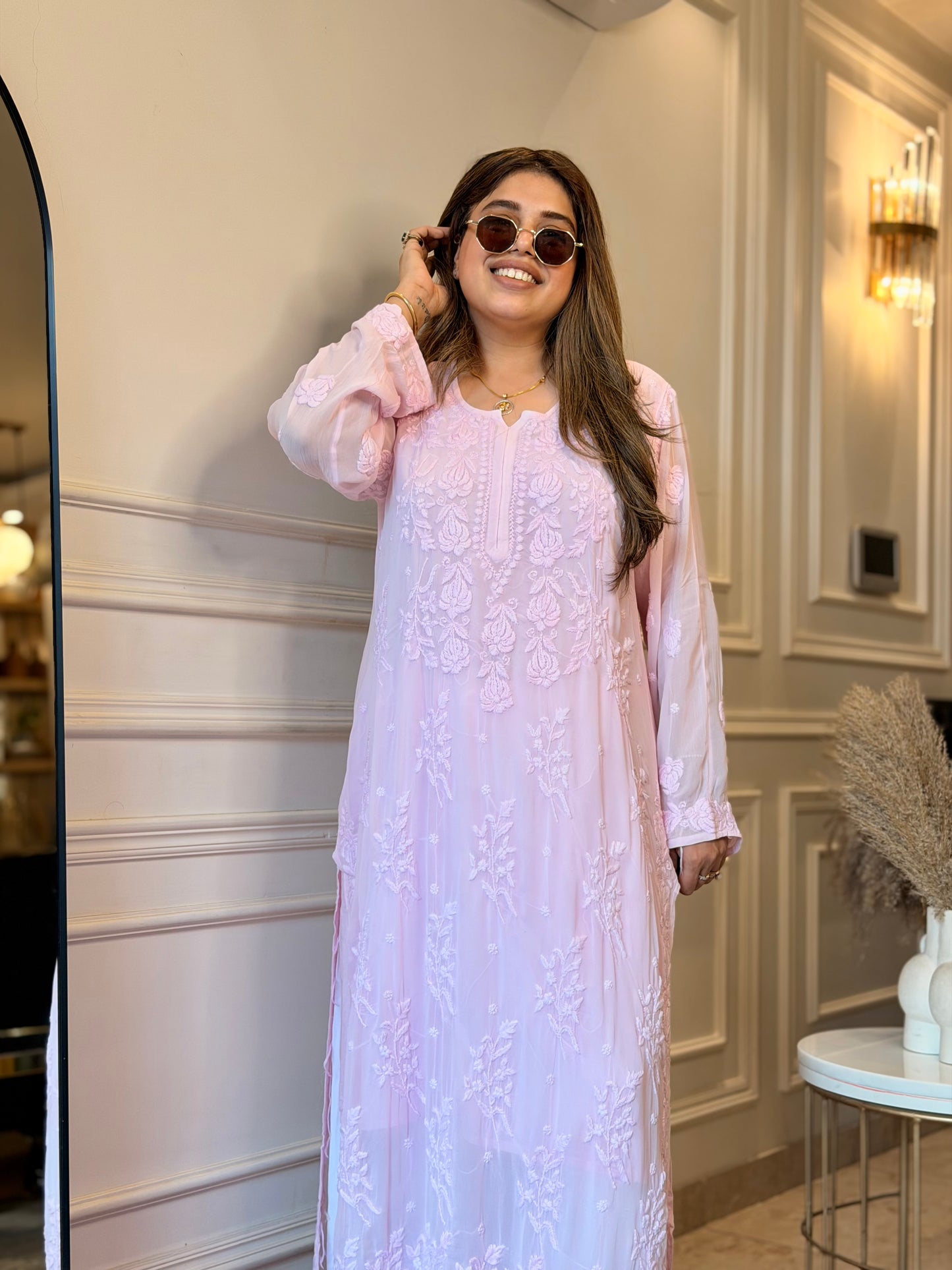 Hand Embroidered 3DChikankari Kurta  | Viscose | Pink
