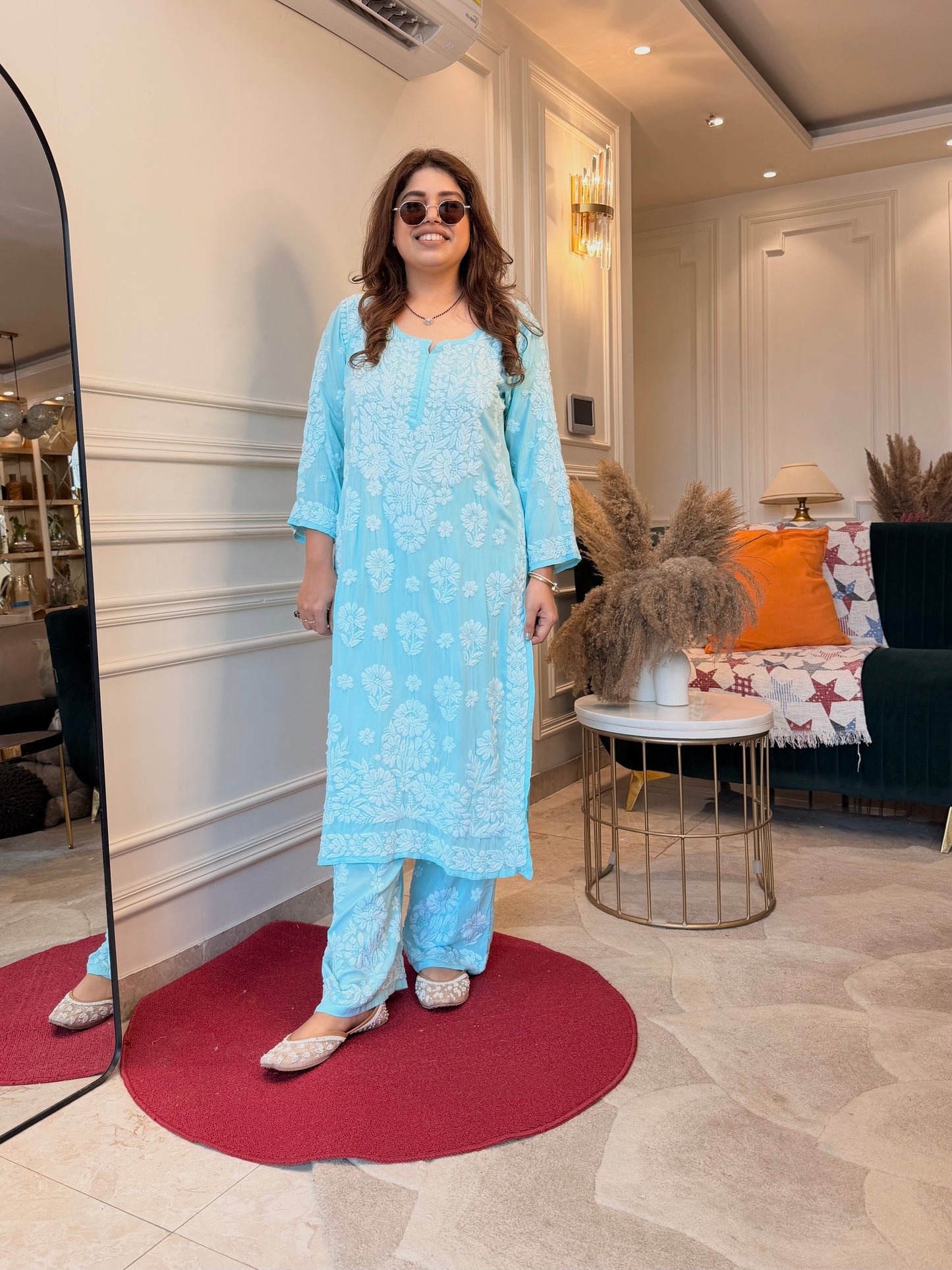 Hand Embroidered Chikankari Kurta set | Modal | light Blue