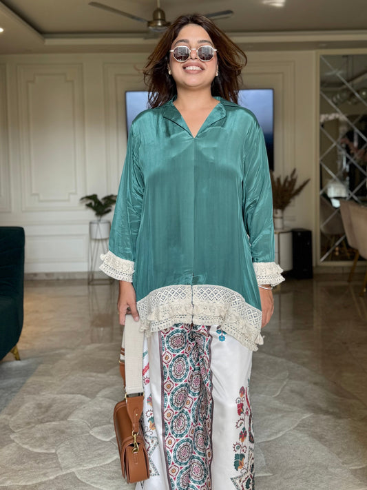 Boho Grace Co-ord Set – Emerald & Ivory Fusion-Plus Size