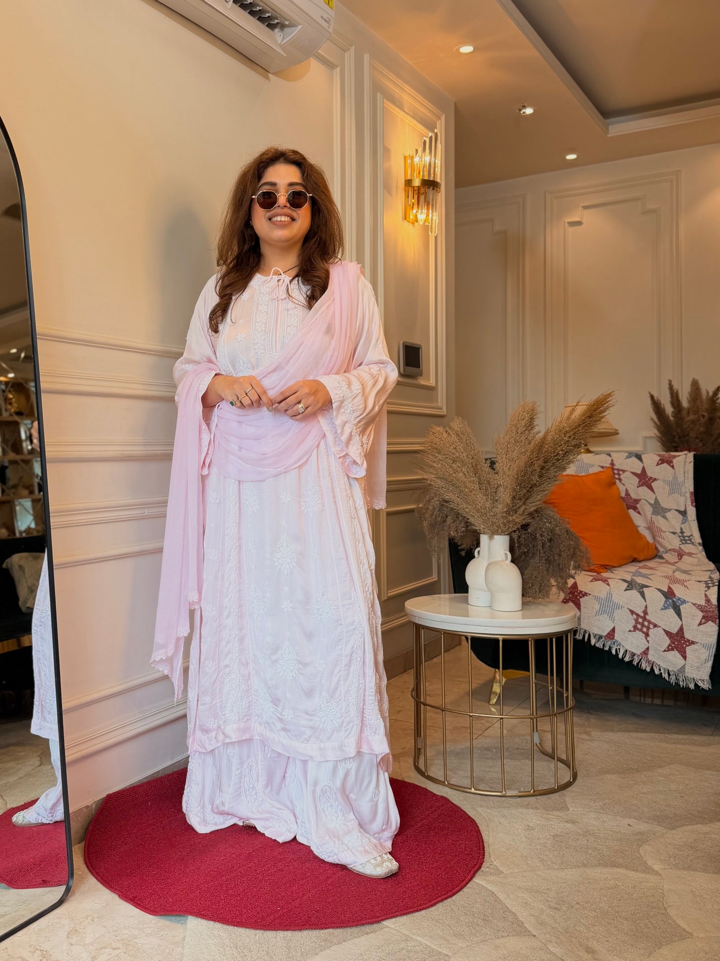 Hand Embroidered 3D Chikankari 3 Piece Kurta set | Modal Satin Silk  | Baby Pink