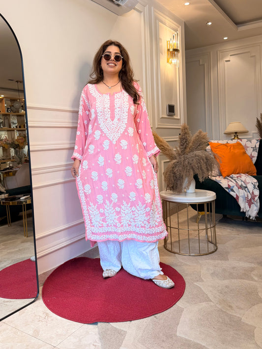 Hand Embroidered 3DChikankari Kurta set | Premium Modal  | Candy Pink