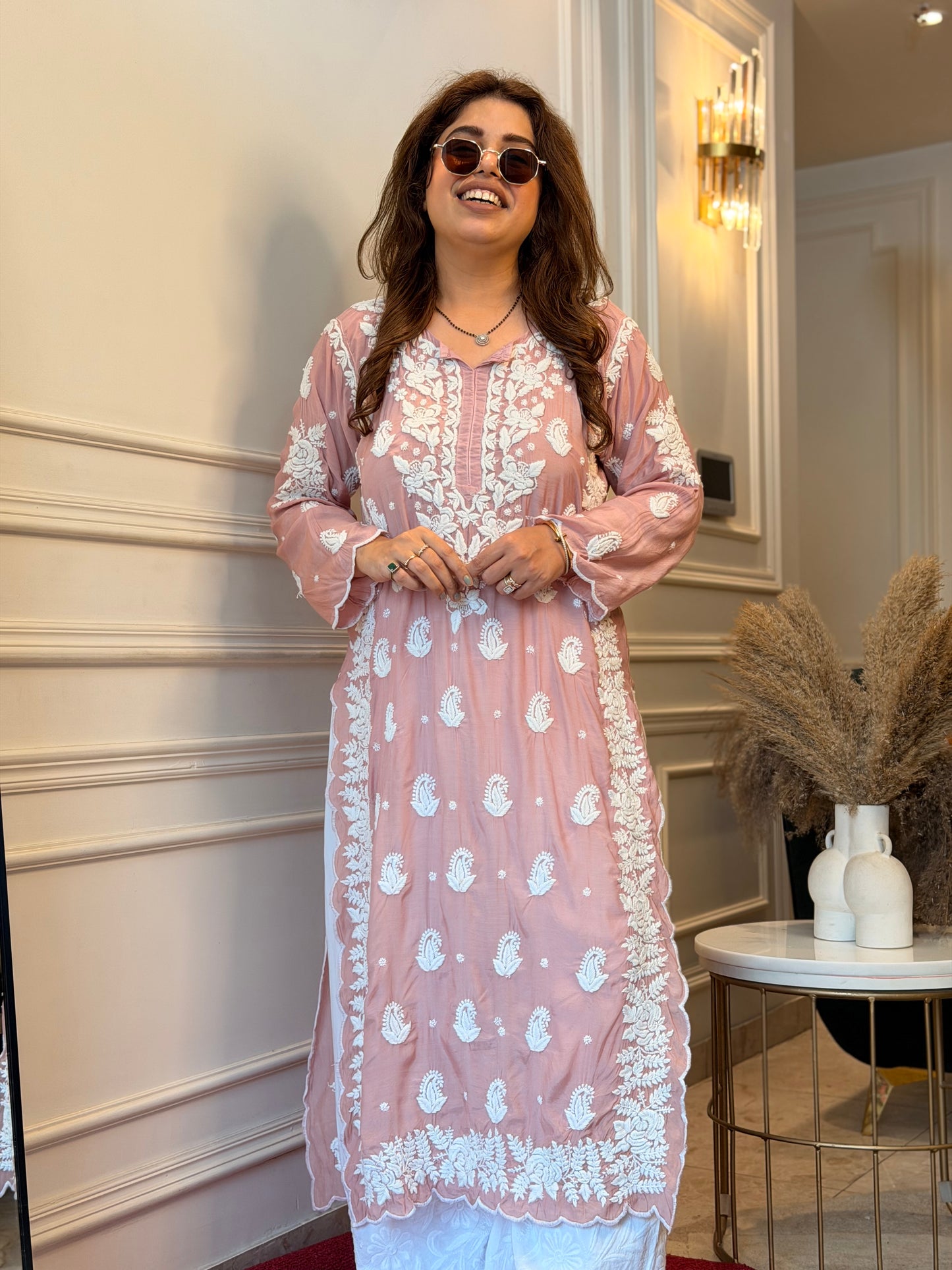 Hand embroidered 6D Chikankari Kurta | Mul Chanderi | Nude