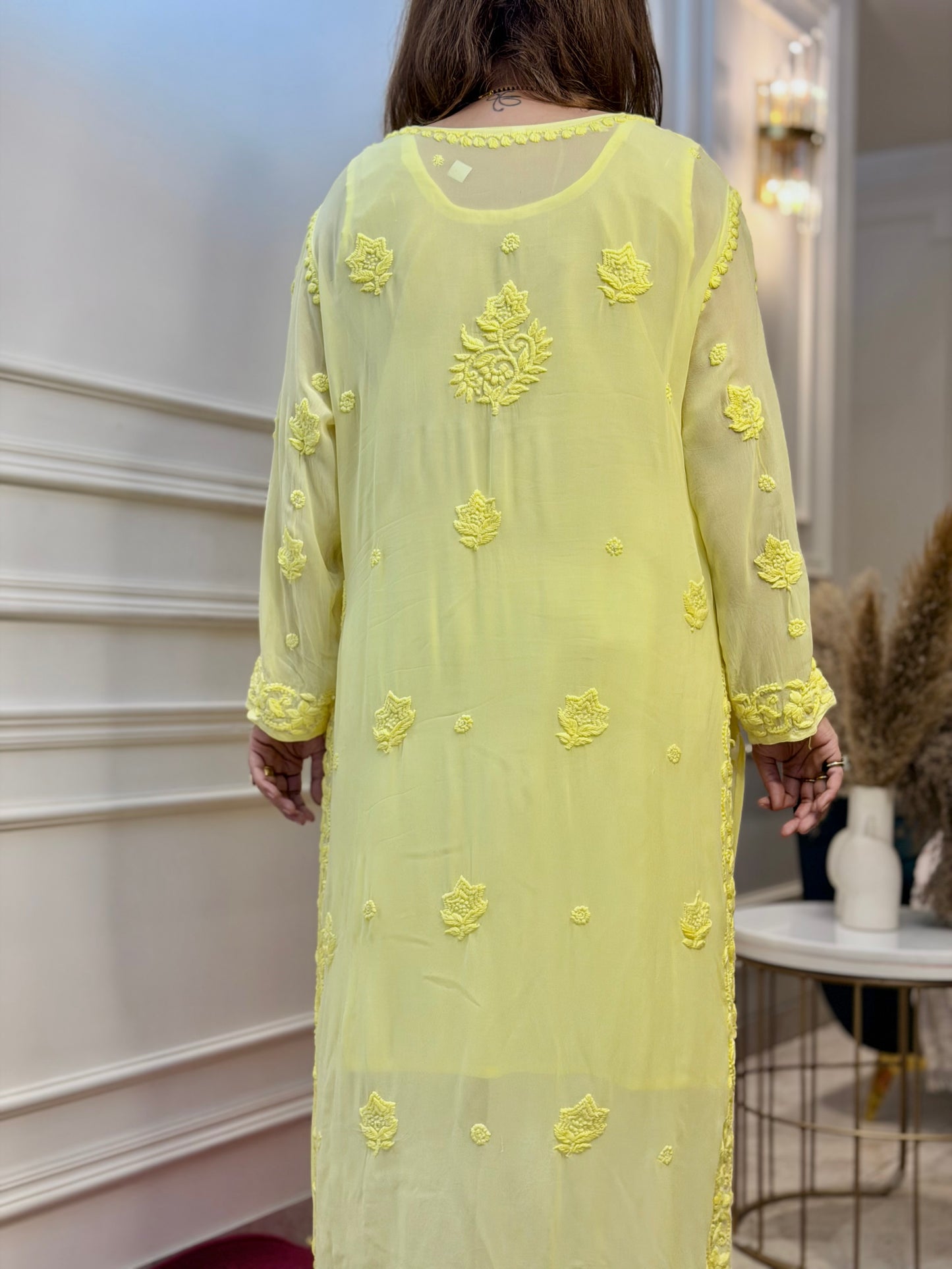Hand Embroidered 6D Chikankari Kurta  | Premium Viscose | Neon yellow