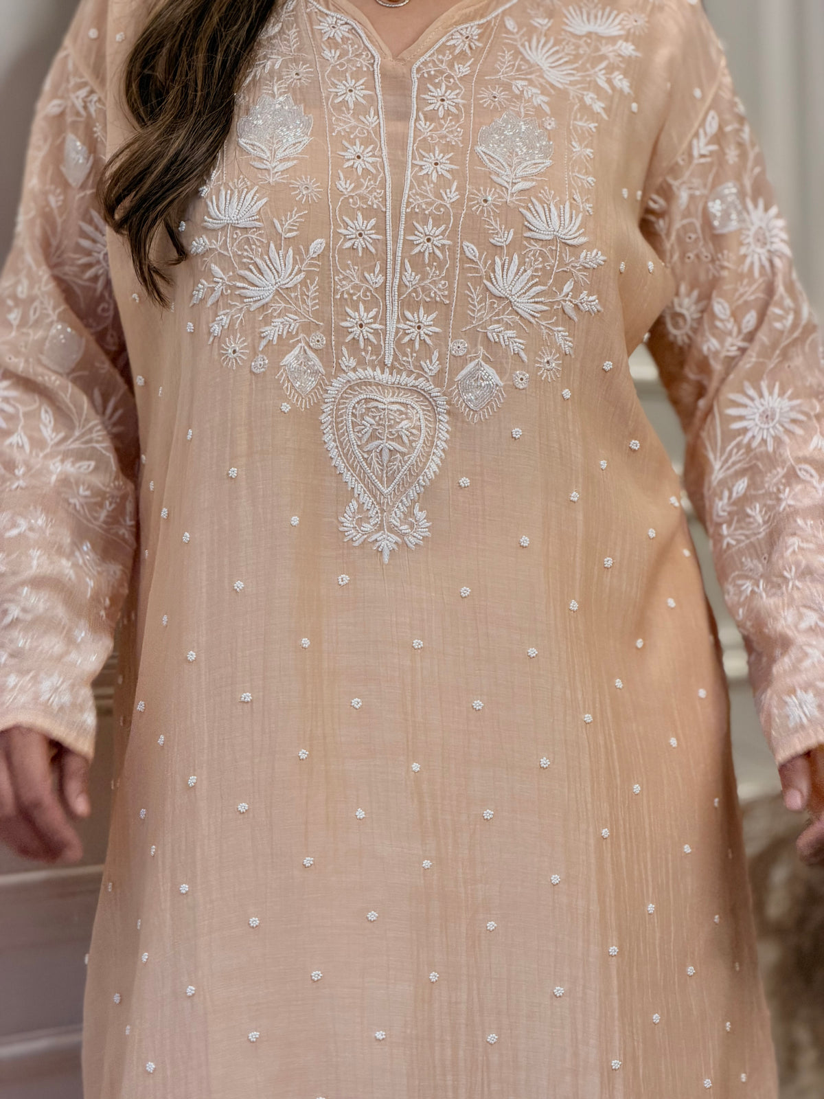 Premium Hand Embroidered Chikankari Kurta & Duppta | Mul Chanderi | Peach