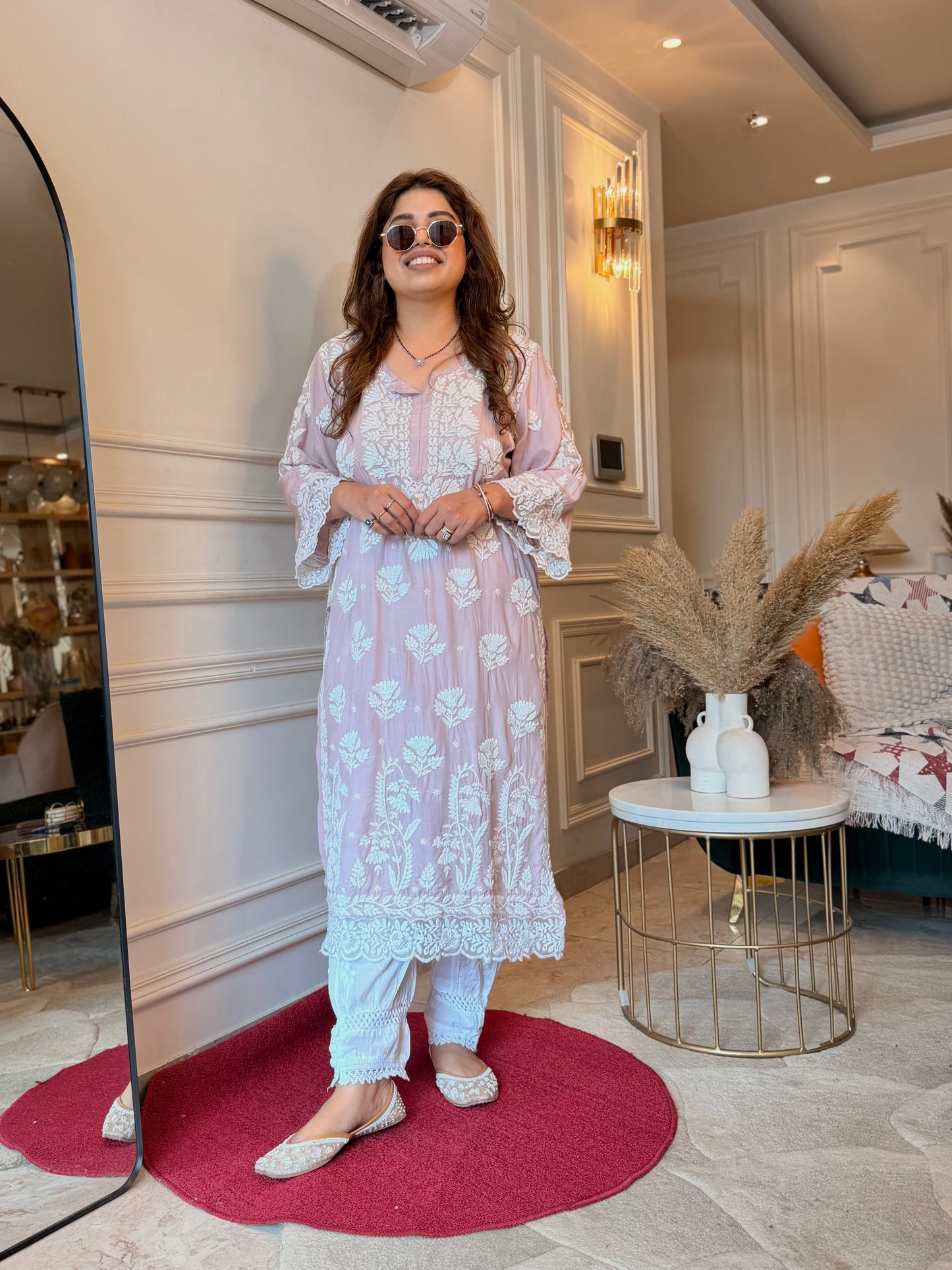 Hand embroidered 6D Chikankari Kurta | Mul Chanderi | Nude Pink