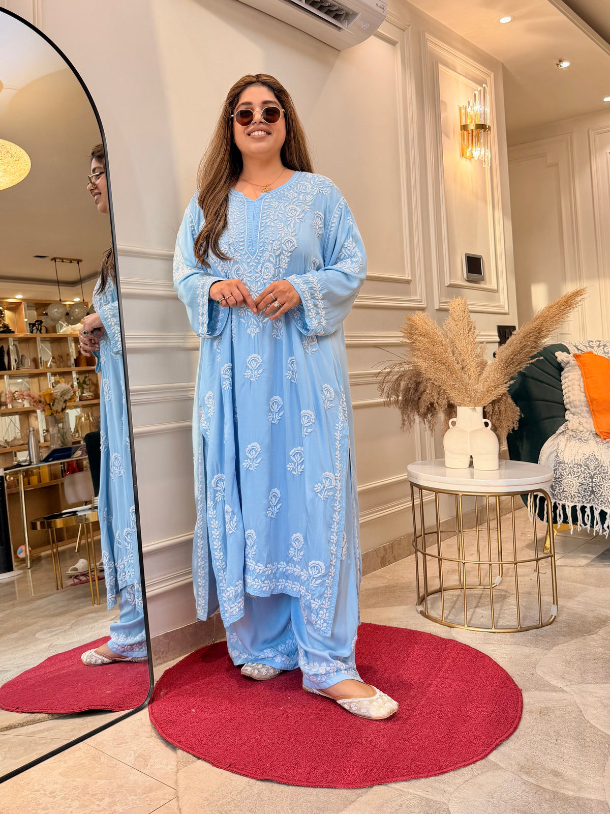 3D Hand Embroidered Chikankari Kurta set | Premium Modal Satin | Powder Blue
