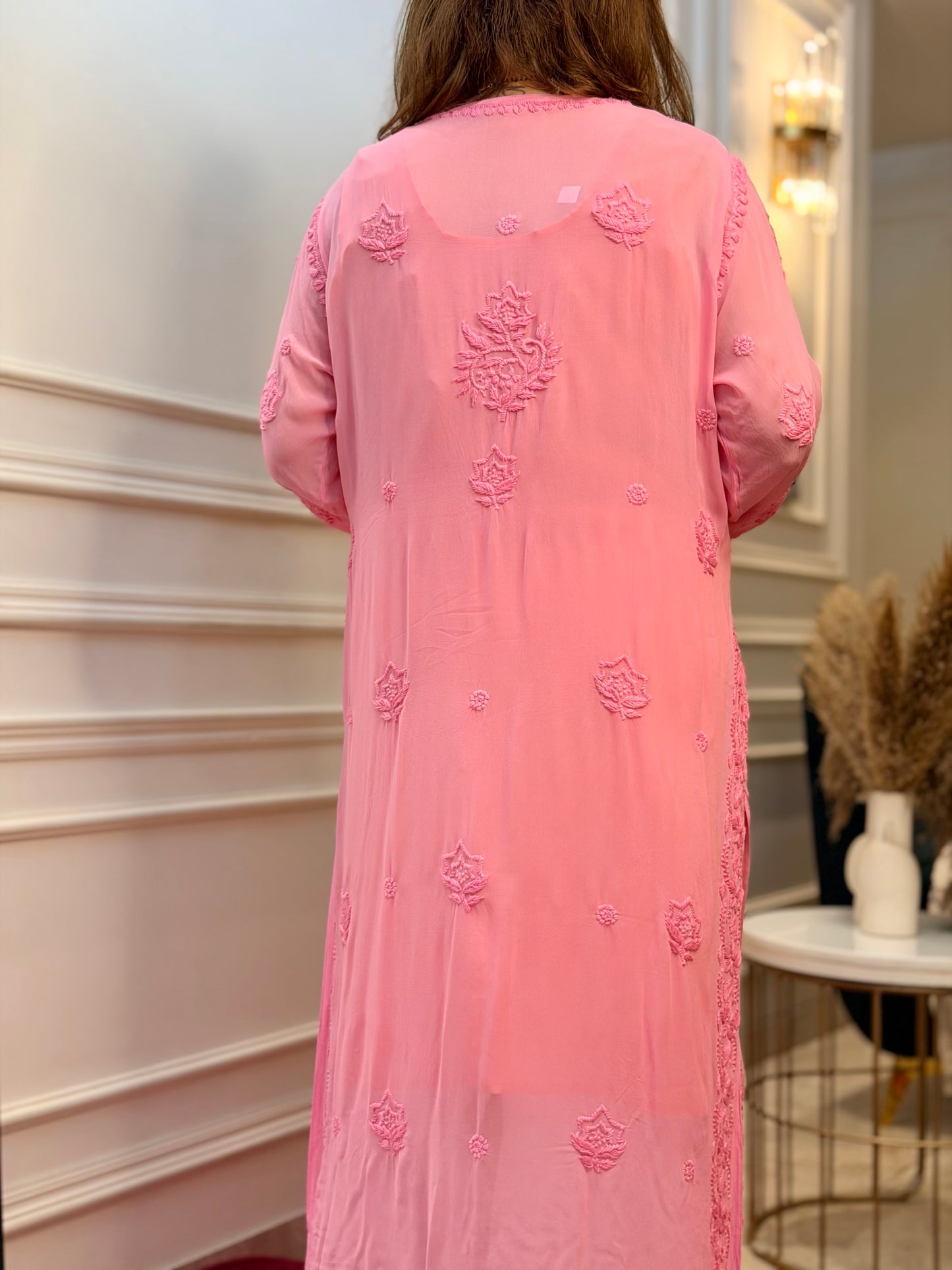 Hand Embroidered 6D Chikankari Kurta  | Premium Viscose | Pink