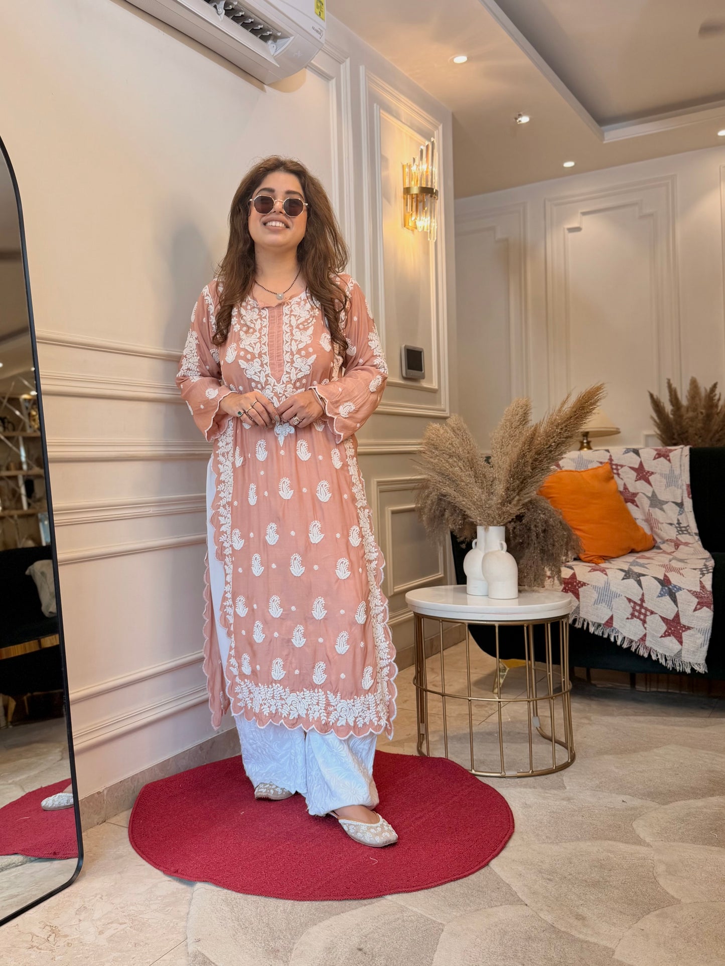 Hand embroidered 6D Chikankari Kurta | Mul Chanderi | Sand