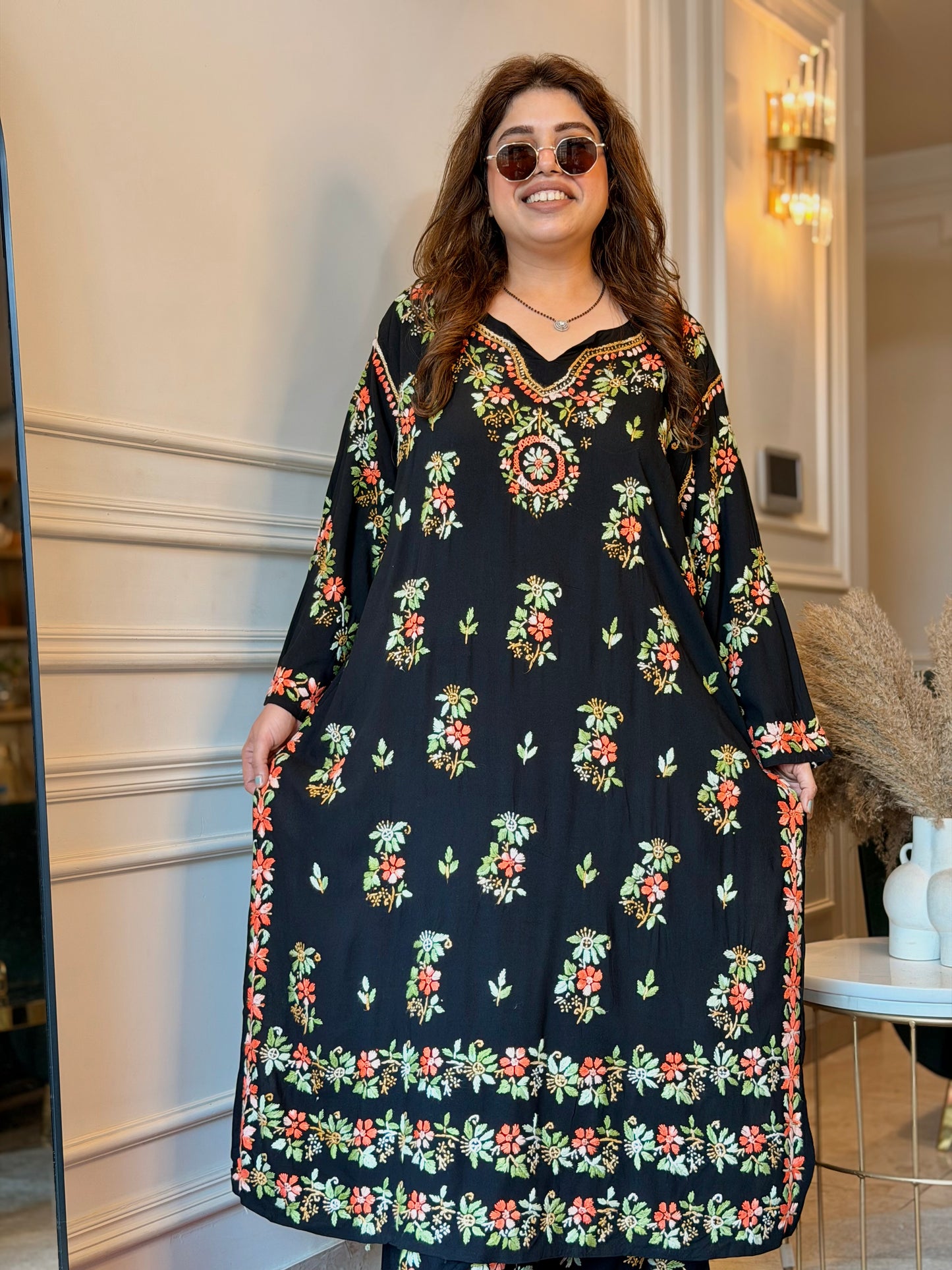 Hand Embroidered Chikankari Kurta set | Modal  | Black with Orange