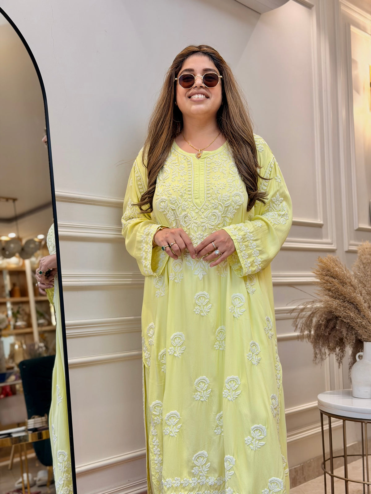 3D Hand Embroidered Chikankari Kurta set | Premium Modal Satin | Neon Green