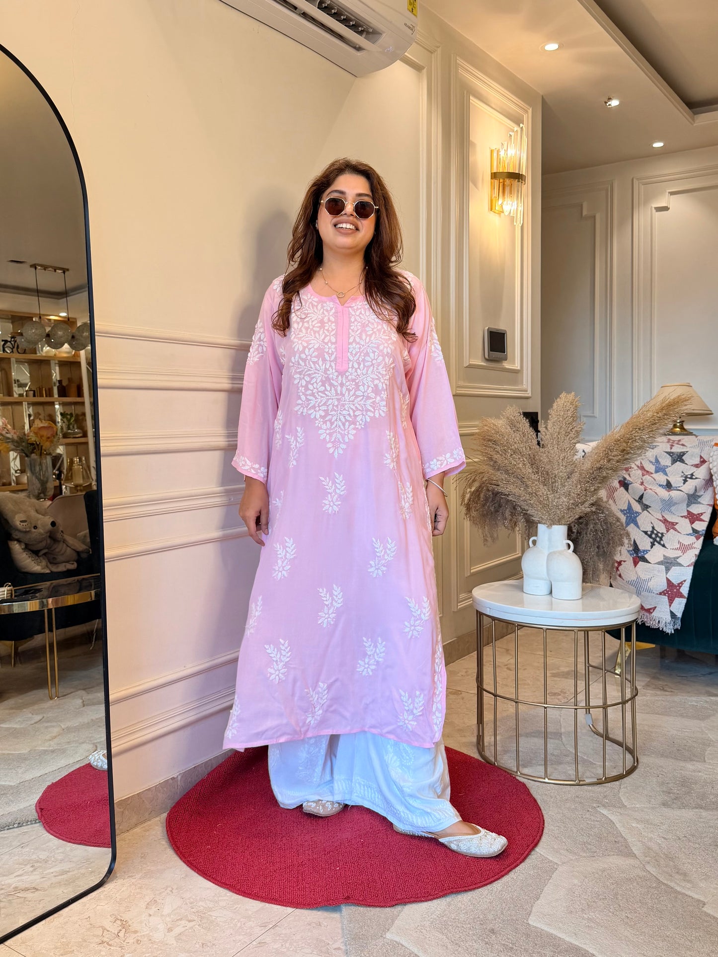 Hand Embroidered Chikankari Kurta | Modal | Baby Pink