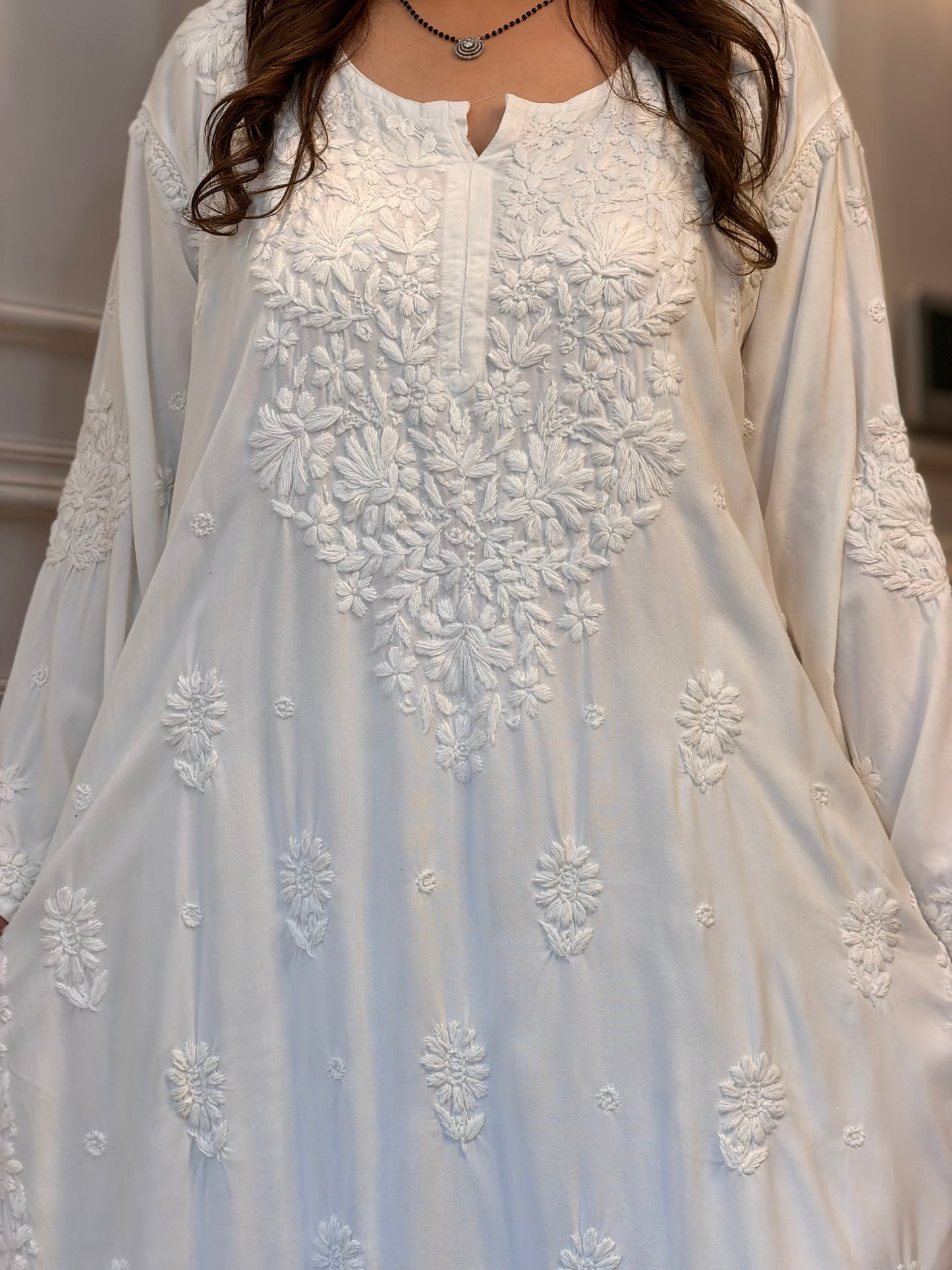 Hand Embroidered 6D Chikankari Kurta | Modal | White