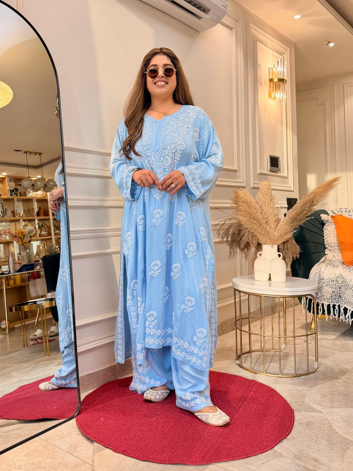 3D Hand Embroidered Chikankari Kurta set | Premium Modal Satin | Powder Blue