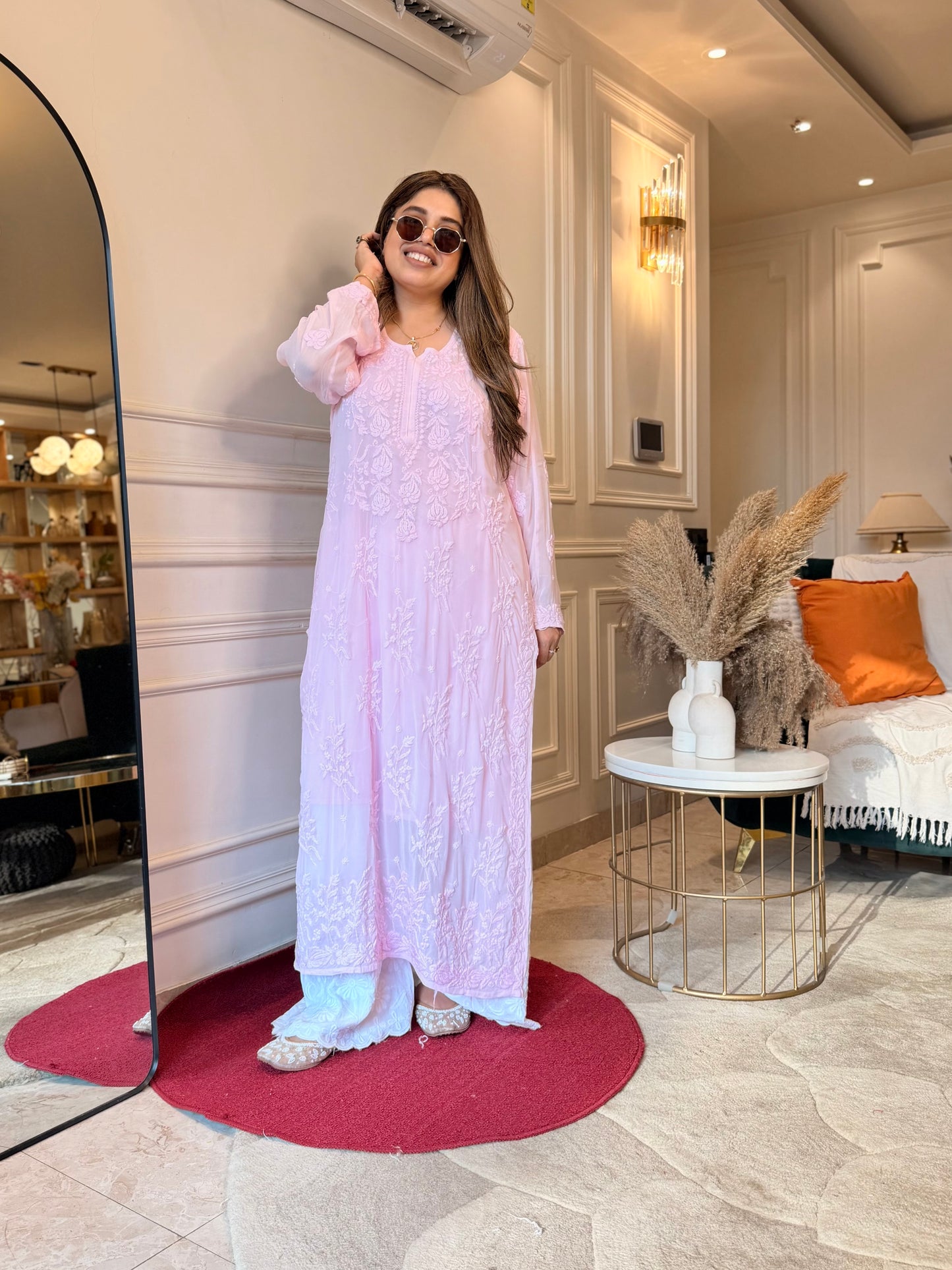 Hand Embroidered 3DChikankari Kurta  | Viscose | Pink