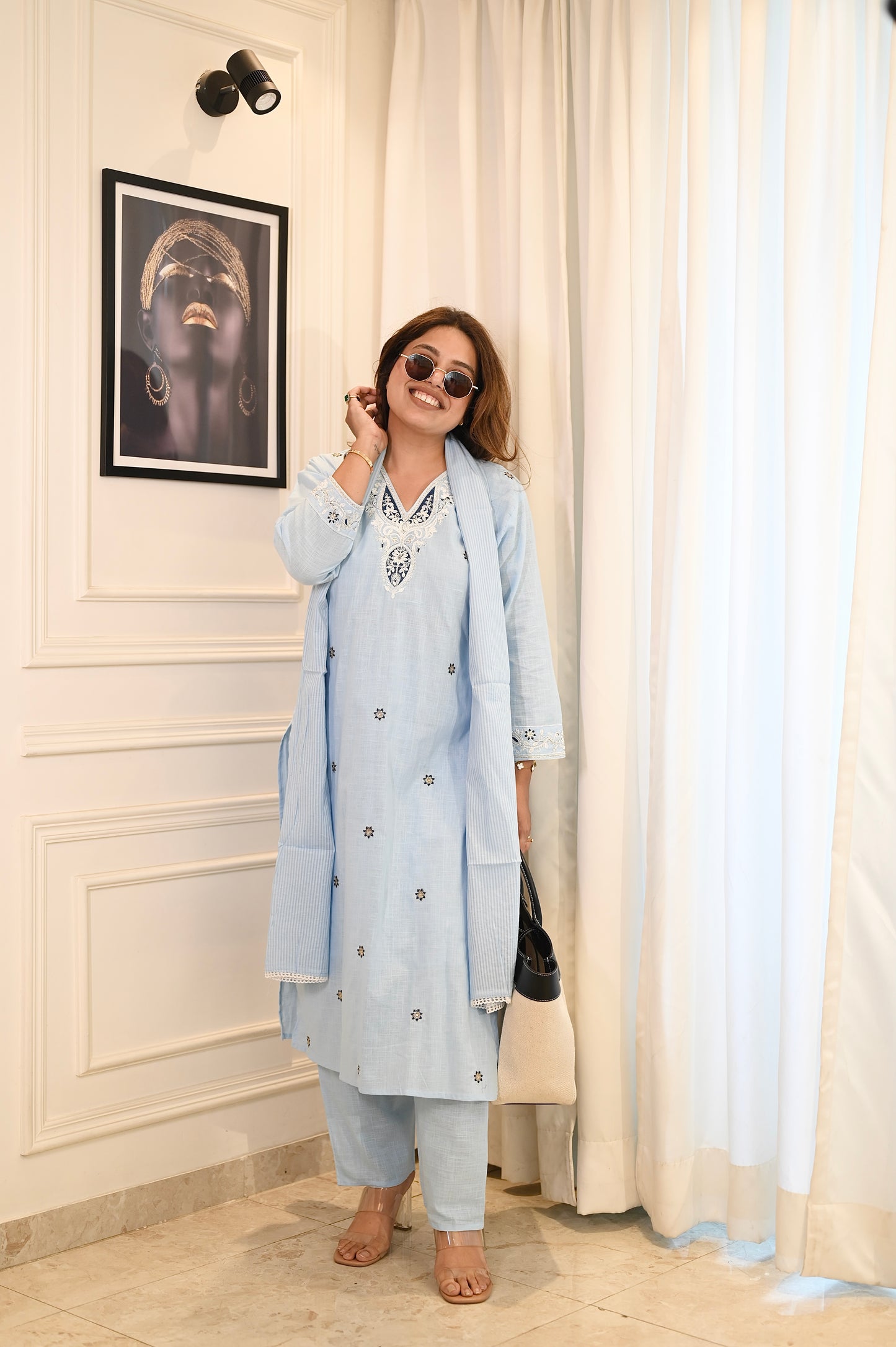 Elegant Sky Blue Cotton Suit Set