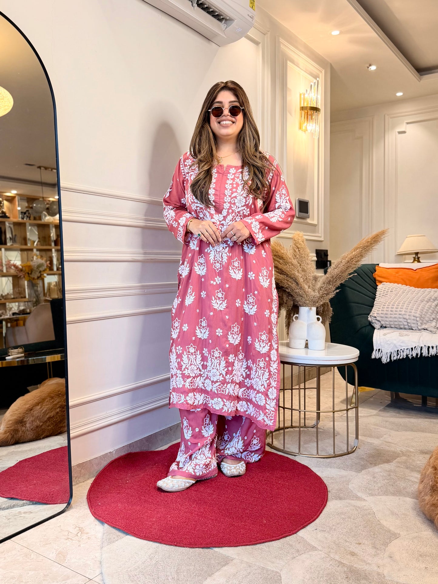 Hand embroidered 3D Chikankari Kurta set | Premium Modal| Dusty Rose