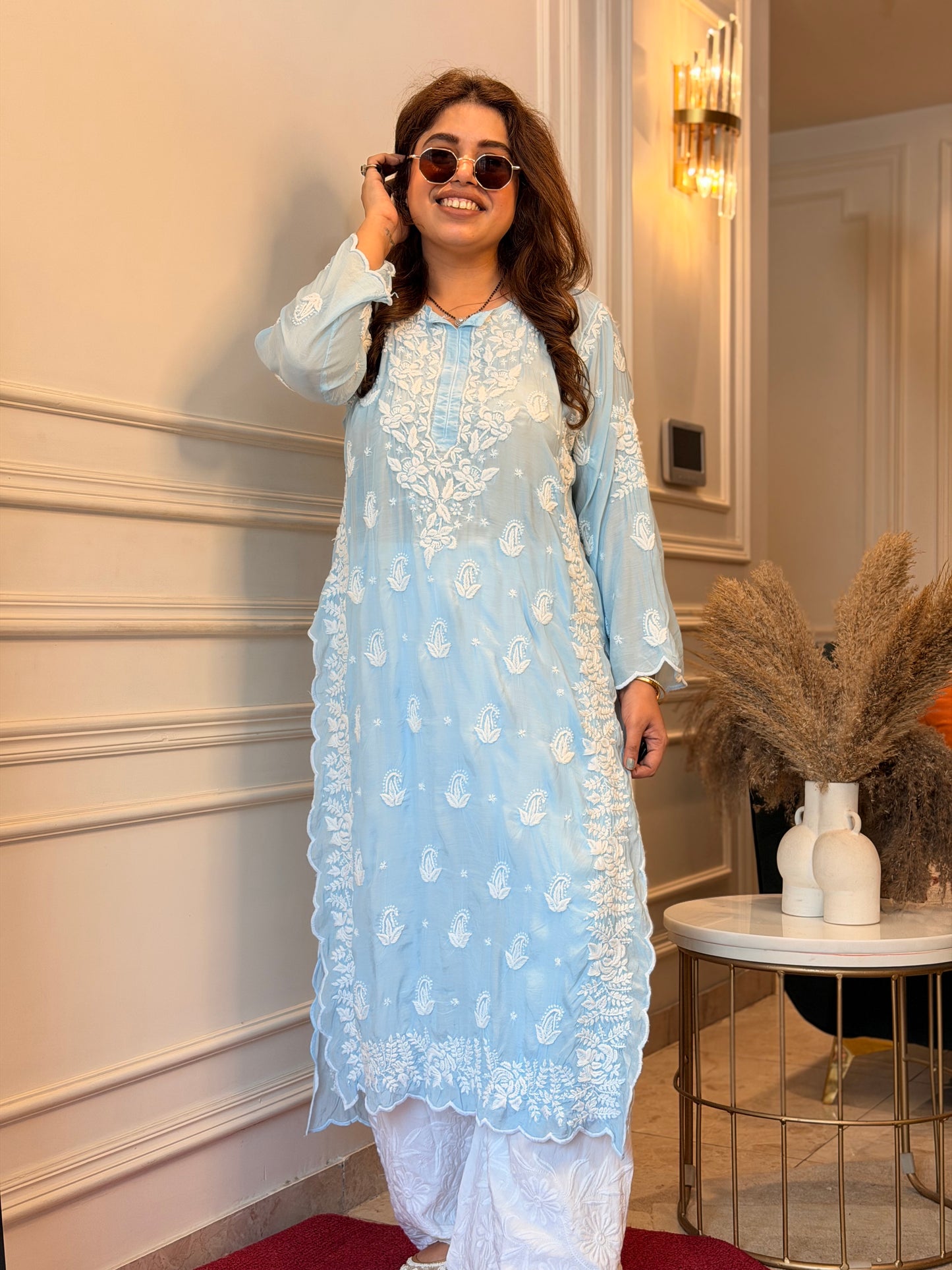 Hand embroidered 6D Chikankari Kurta | Mul Chanderi | Powder Blue