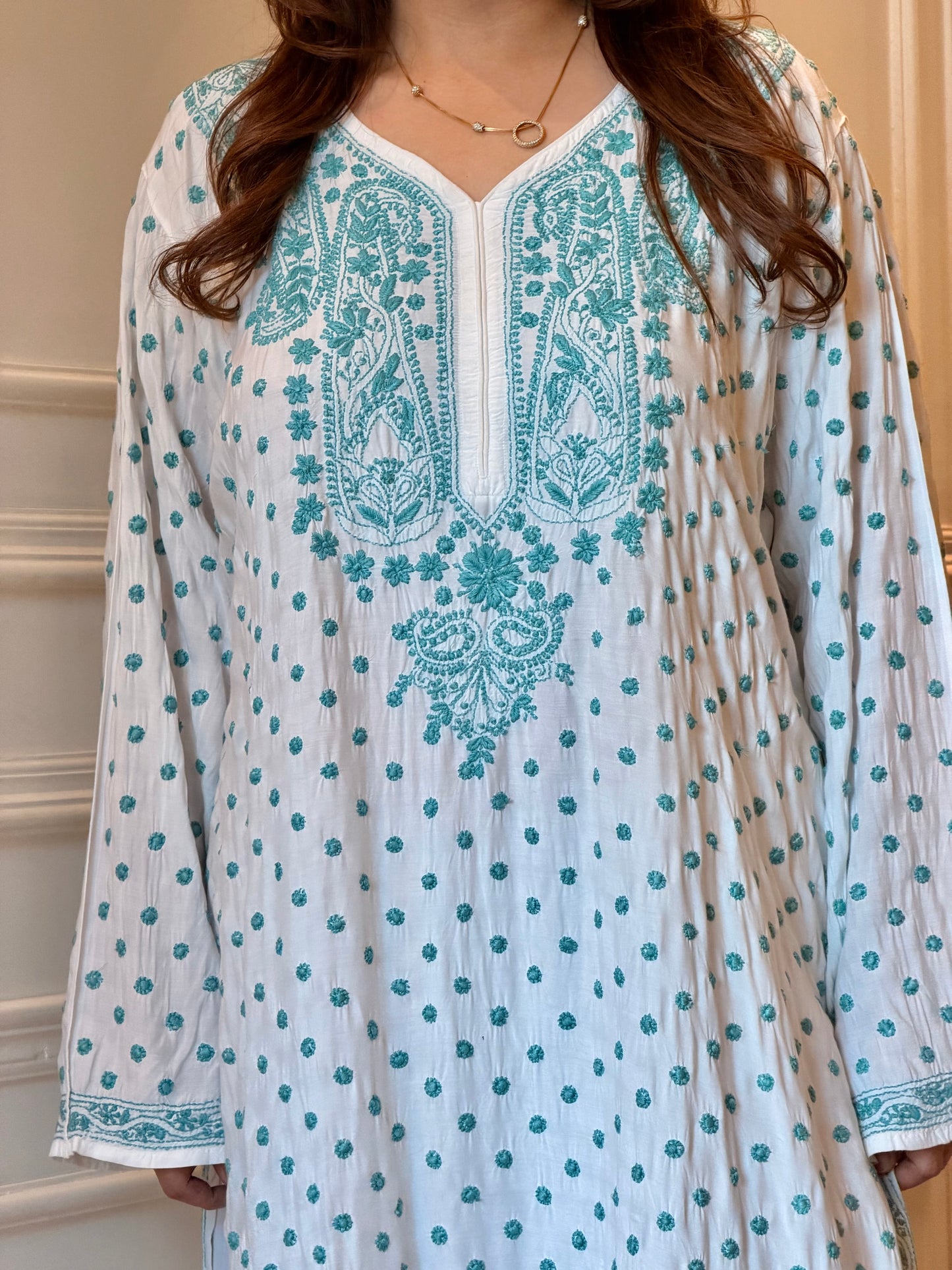 Hand Embroidered Chikankari Kurta  | Mul Chanderi | white with Turquoise Blue | Plus Size