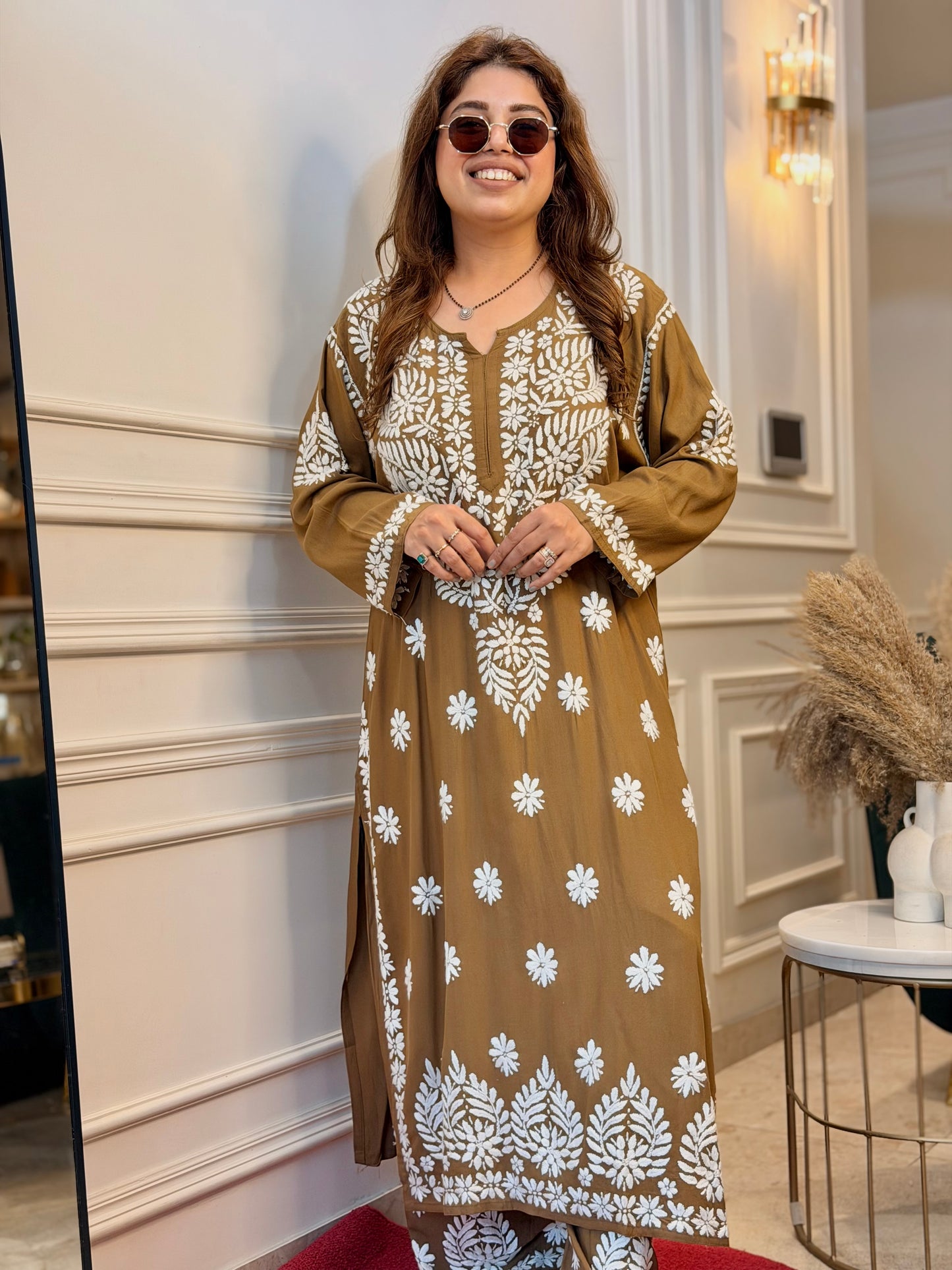 Hand Embroidered Chikankari Kurta set | Modal  | Amber Brown