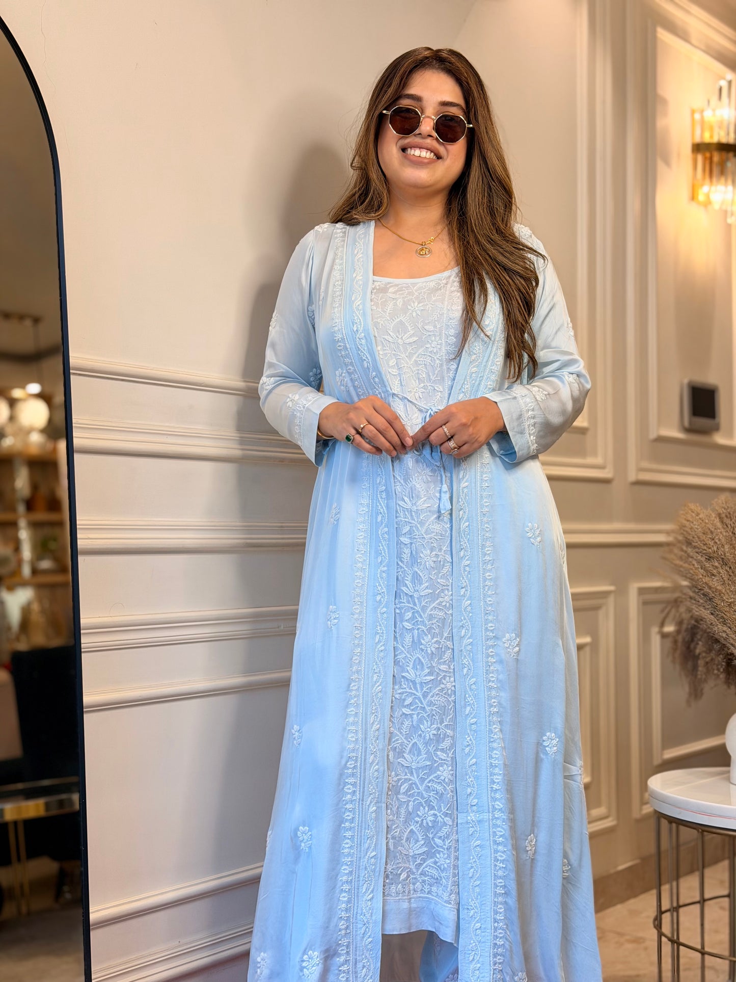 Premium 3 Piece Hand Embroidered Chikankari Kurta set | Modal satin | Powder Blue