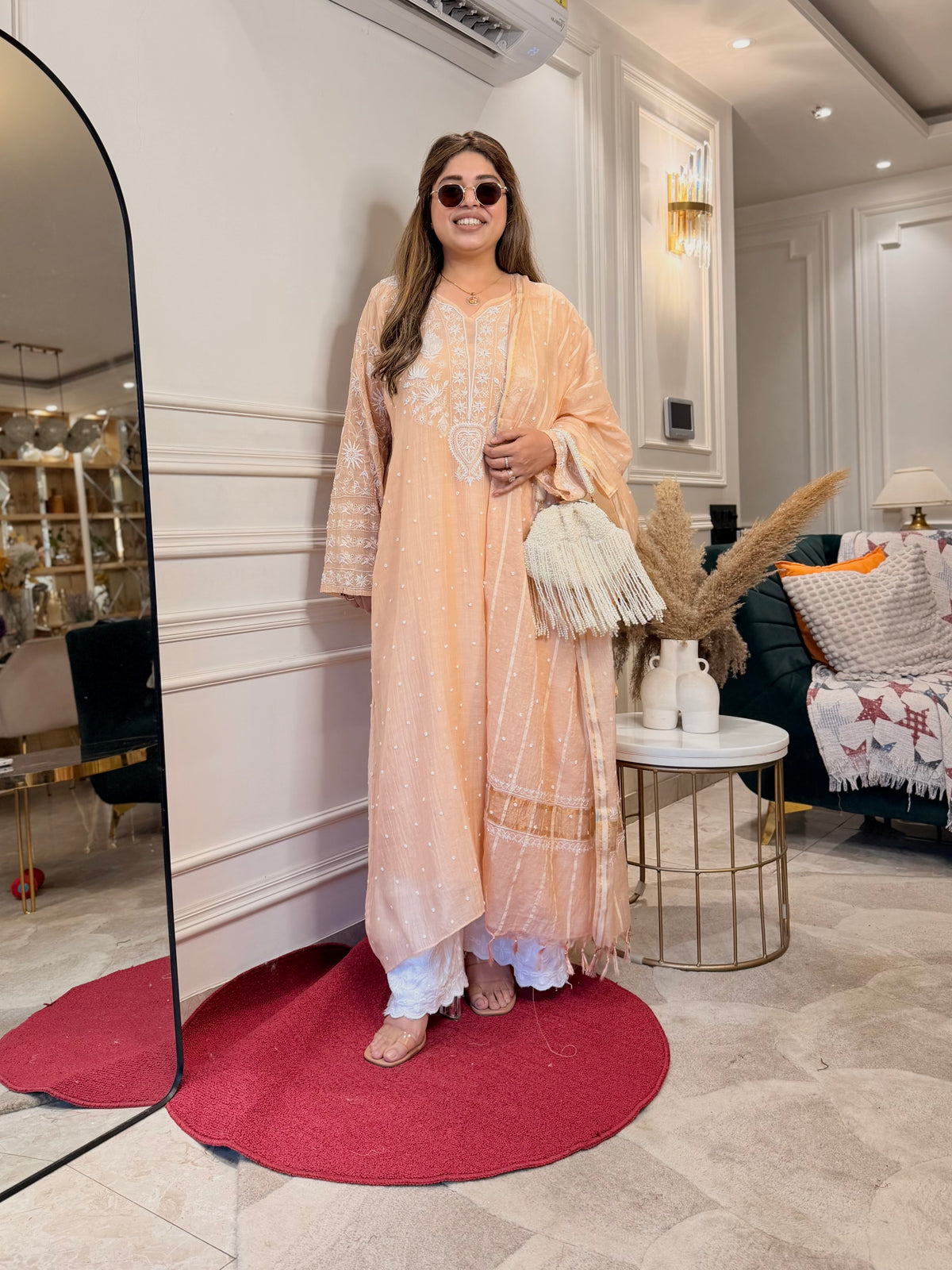 Premium Hand Embroidered Chikankari Kurta & Duppta | Mul Chanderi | Peach
