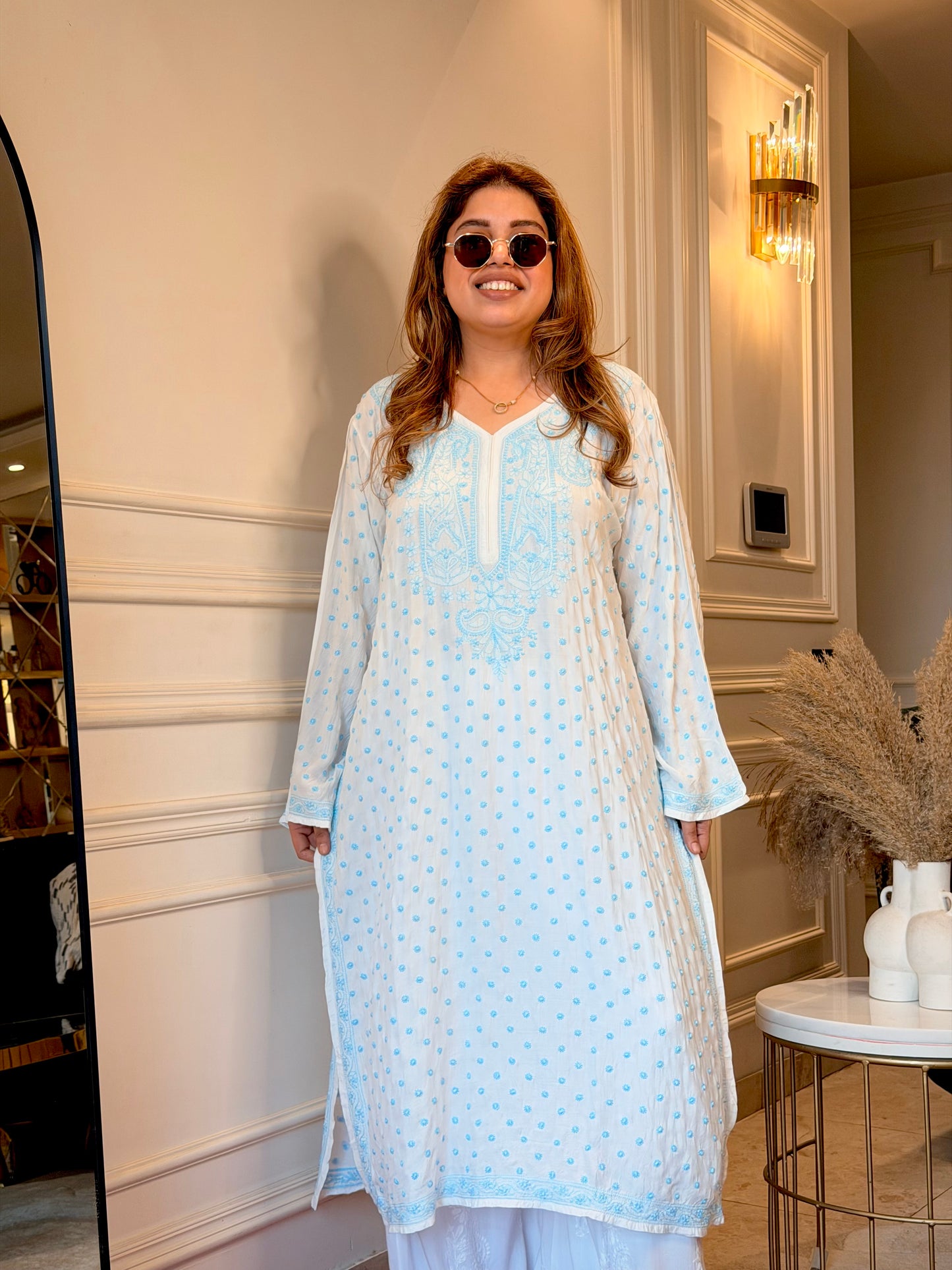 Hand Embroidered Chikankari Kurta  | Mul Chanderi | white with Blue| Plus Size