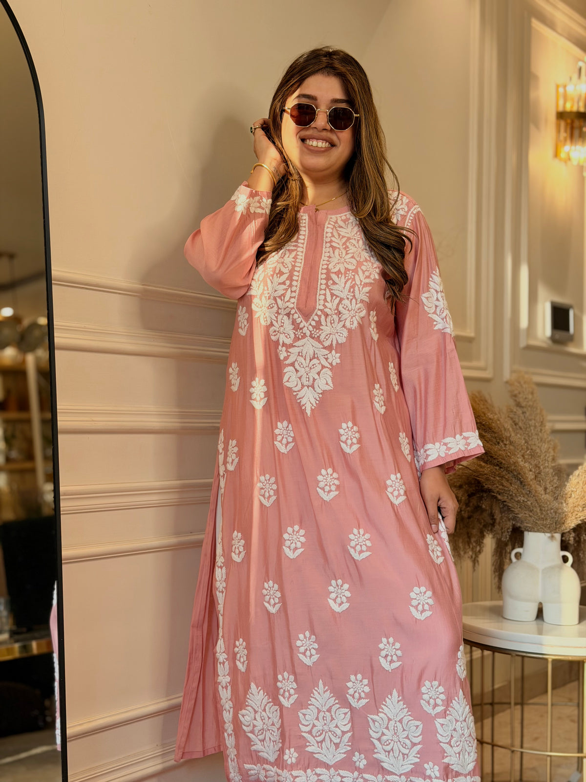 Hand Embroidered 3D Chikankari Kurta | Mul Chanderi | Pastel Rose
