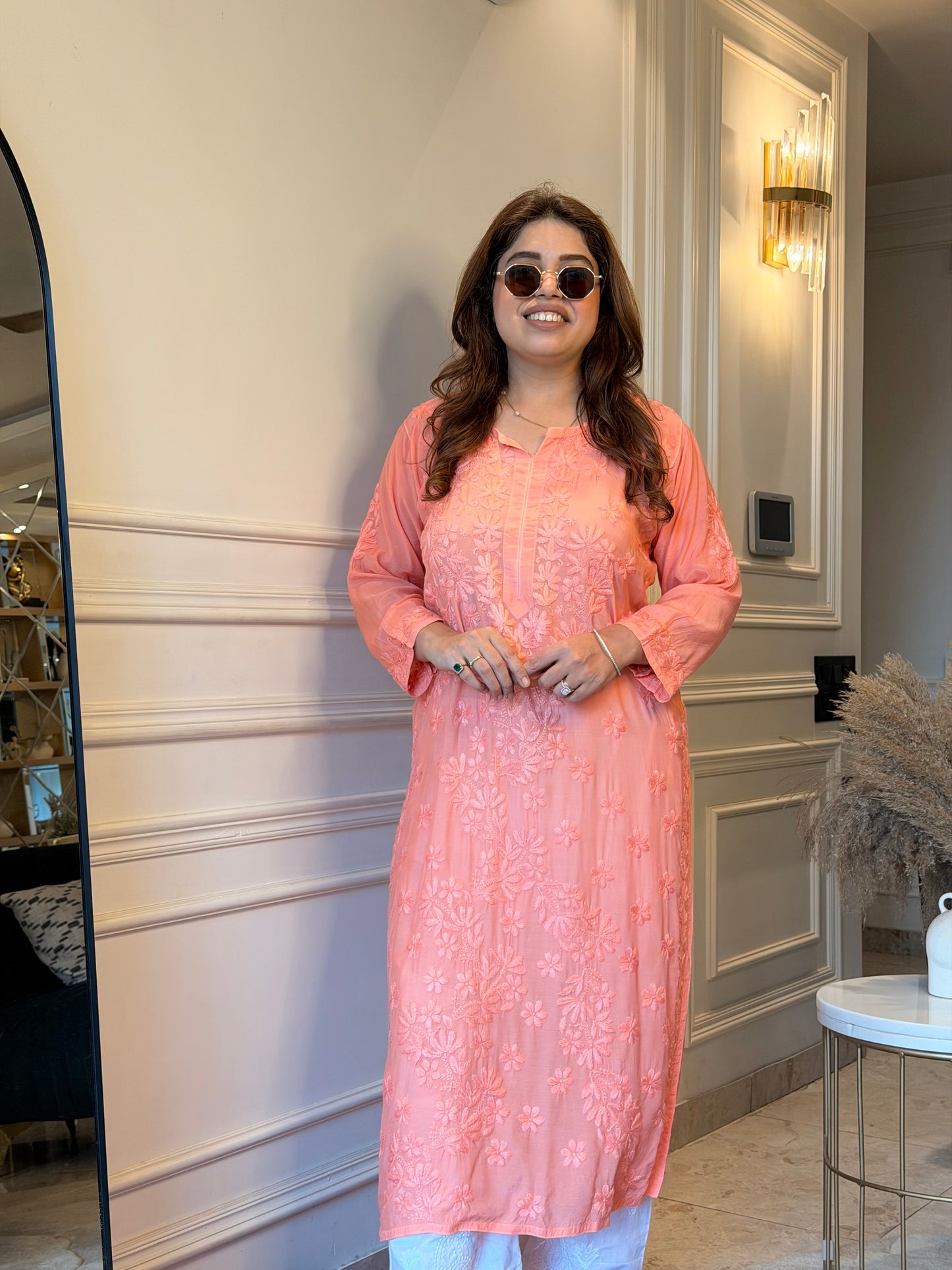 Hand Embroidered Chikankari Kurta set | Mul Chanderi | Rust Orange