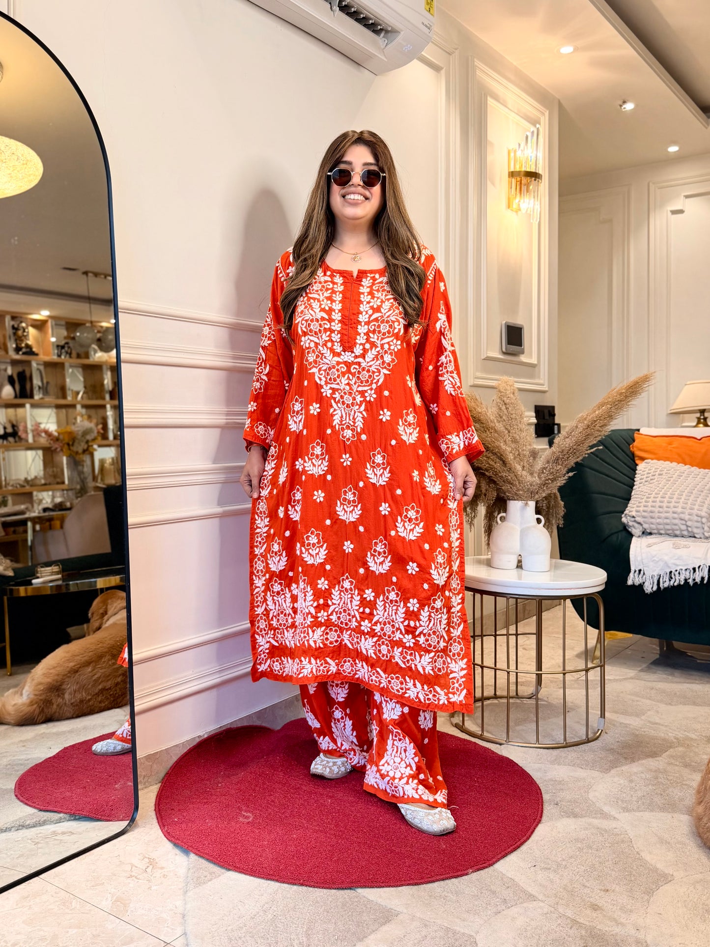 Hand embroidered 3D Chikankari Kurta set | Premium Modal| Orange