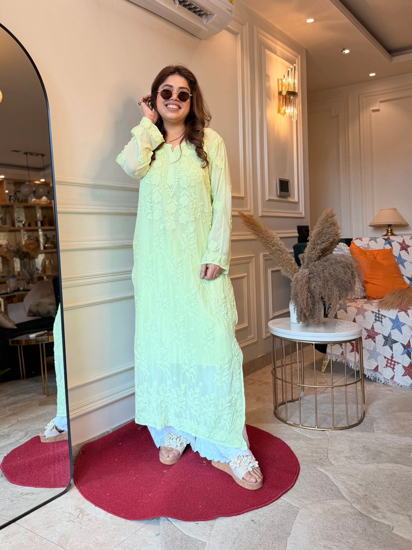 Hand Embroidered 3DChikankari Kurta  | Viscose | Pista Green