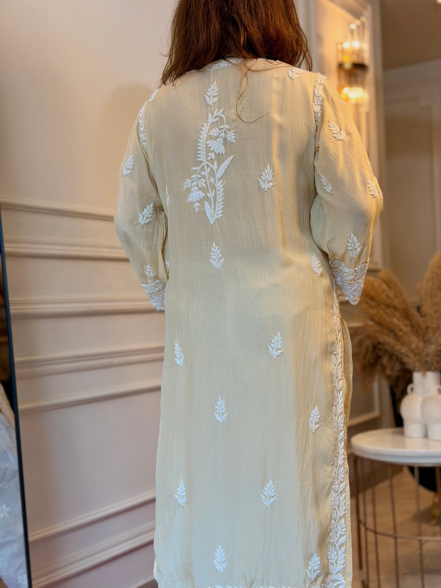 Hand embroidered 6D Chikankari Kurta | Mul Chanderi | Ivory