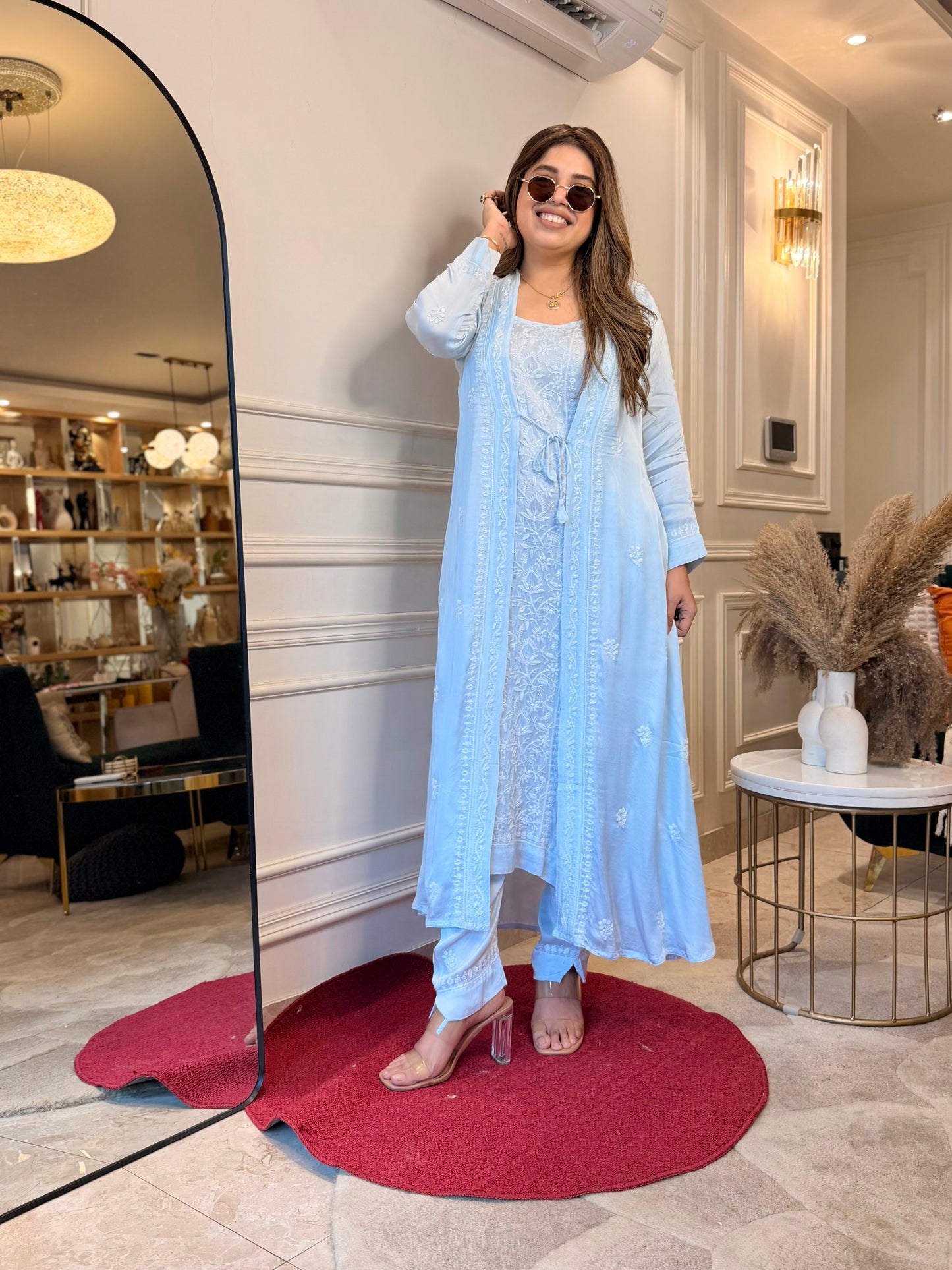 Premium 3 Piece Hand Embroidered Chikankari Kurta set | Modal satin | Powder Blue