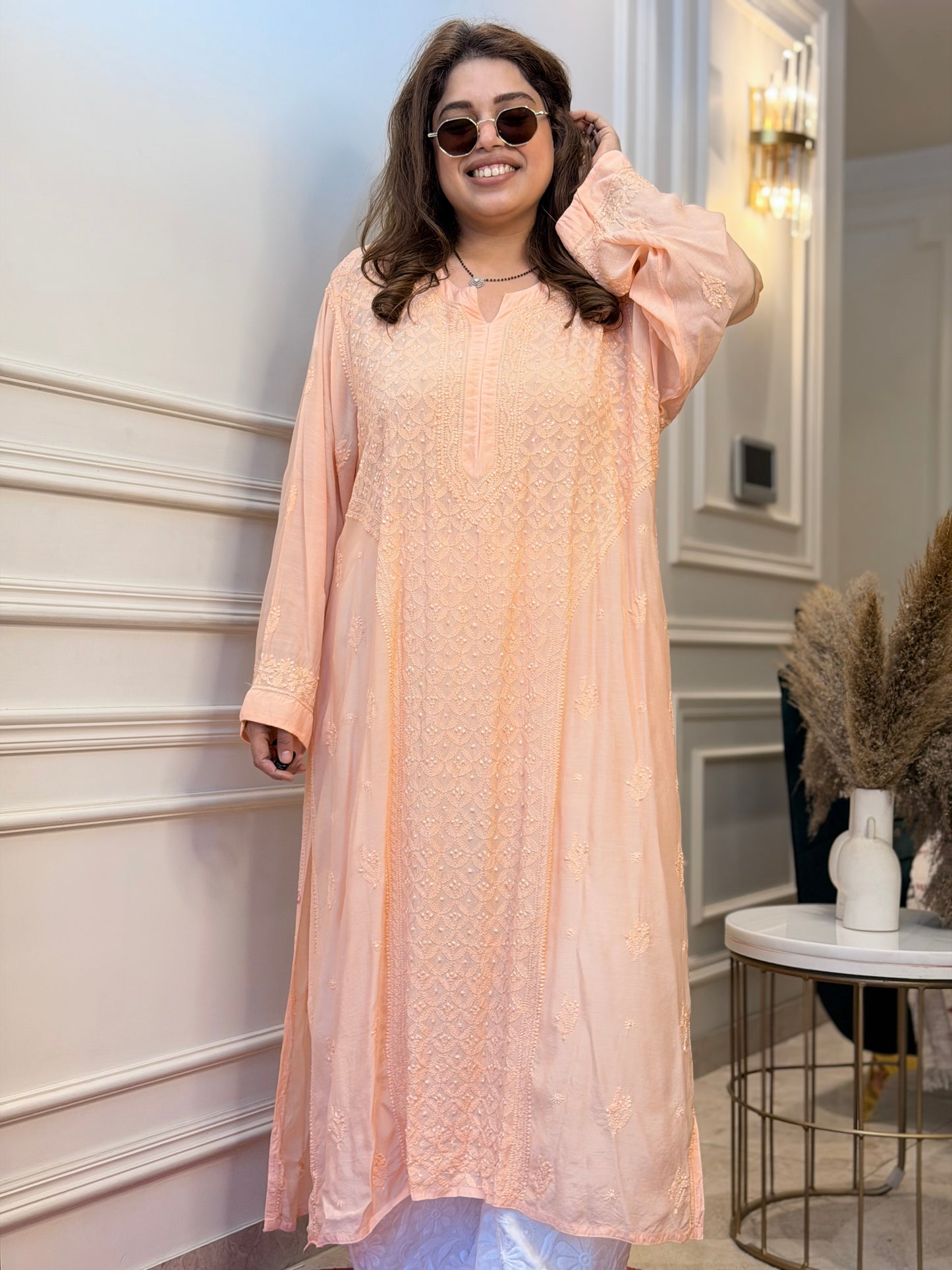 Hand Embroidered Chikankari Kurta  | Premium Muslin | Peach
