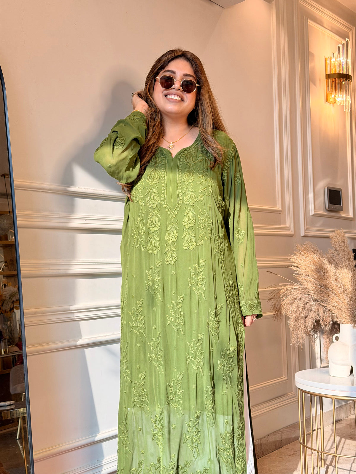 Hand Embroidered 3DChikankari Kurta  | Viscose | Green