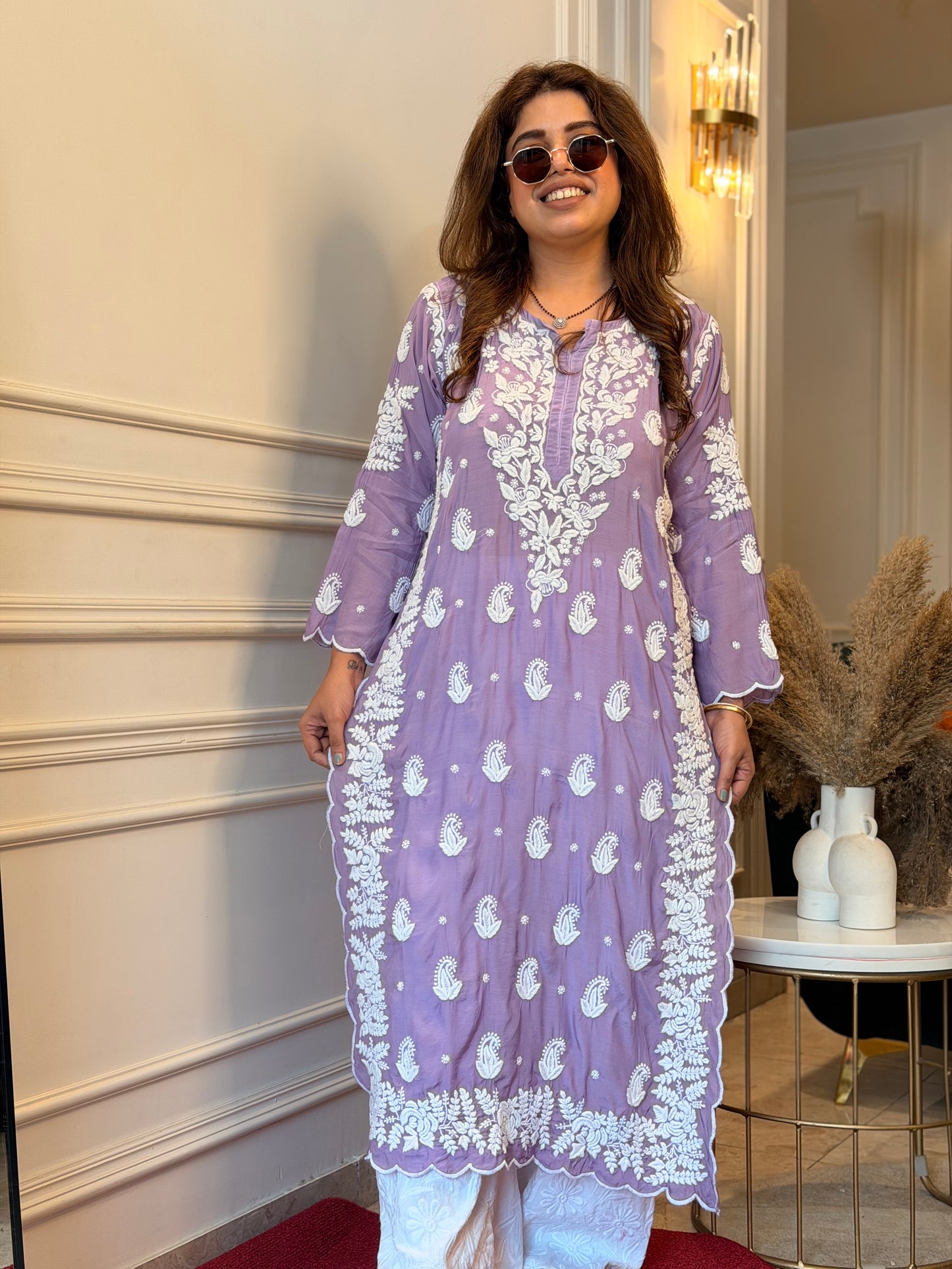 Hand embroidered 6D Chikankari Kurta | Mul Chanderi | Lavender
