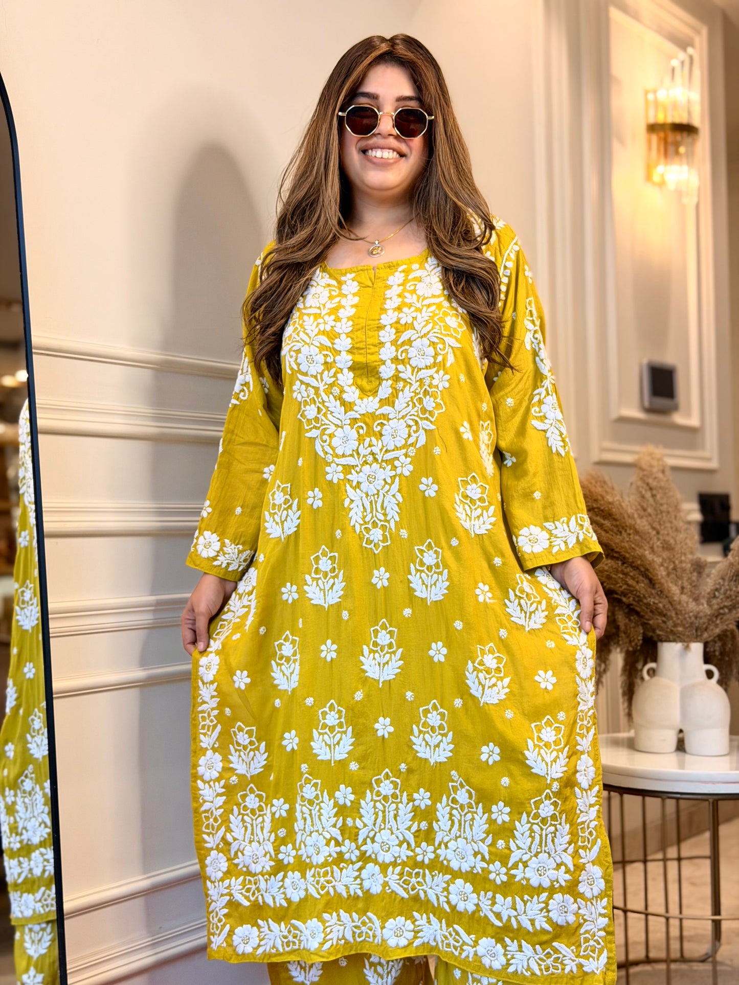 Hand embroidered 3D Chikankari Kurta set | Premium Modal| Olive Green