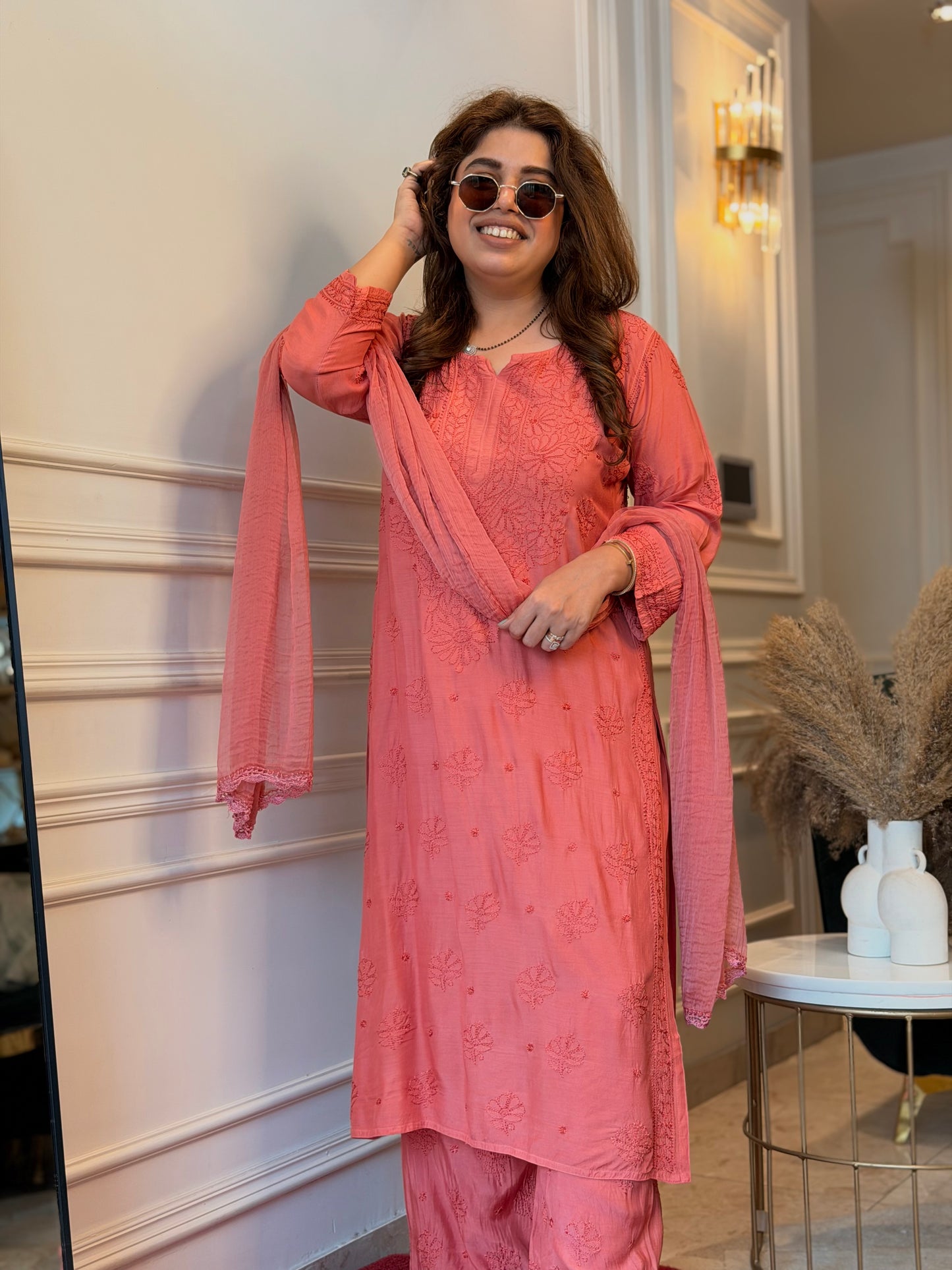 Hand Embroidered Chikankari 3 piece Kurta set | Mul Chanderi | Rust