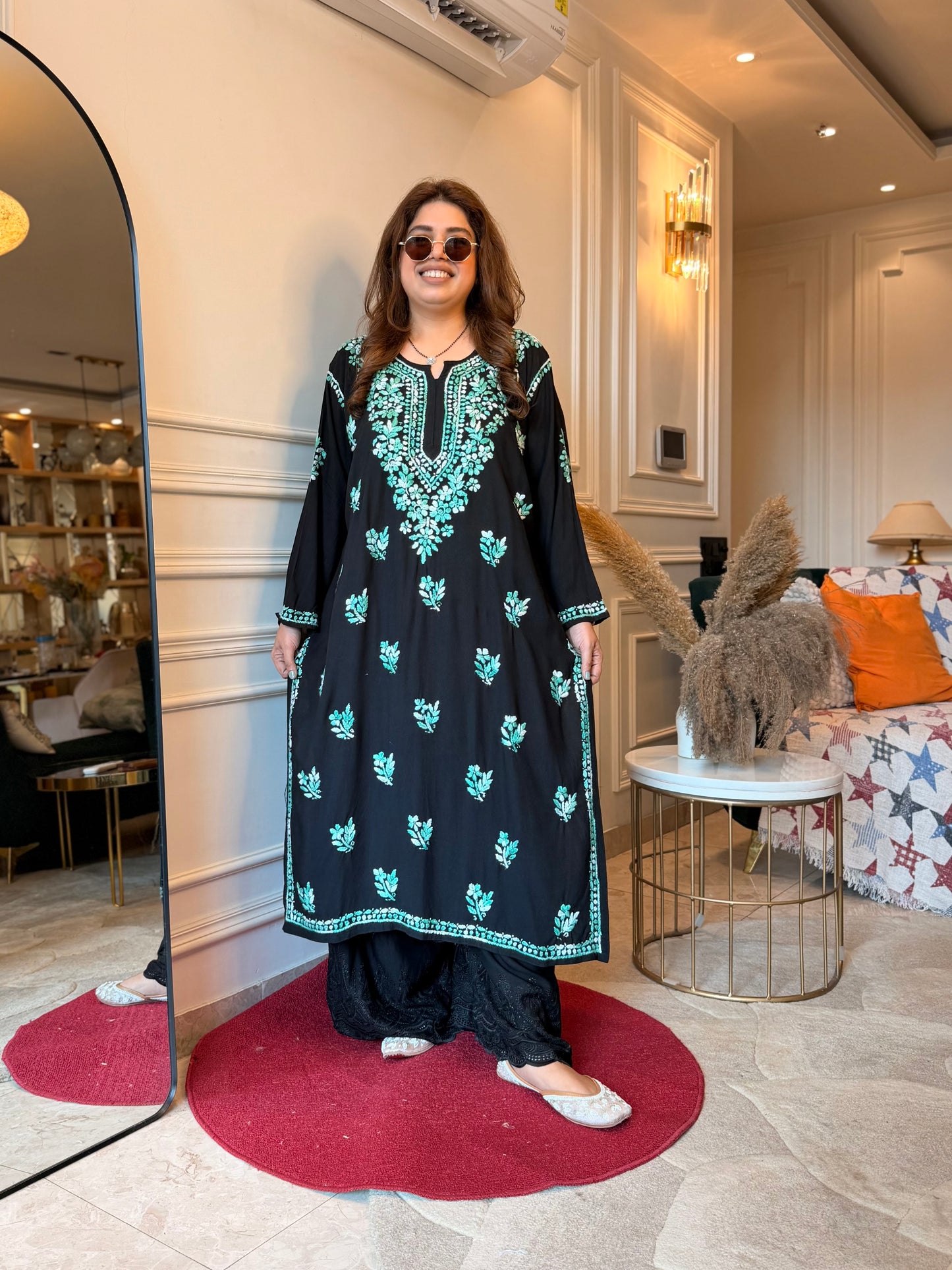 Hand Embroidered Chikankari Kurta  | Premium Cotton | Black with Teal Green