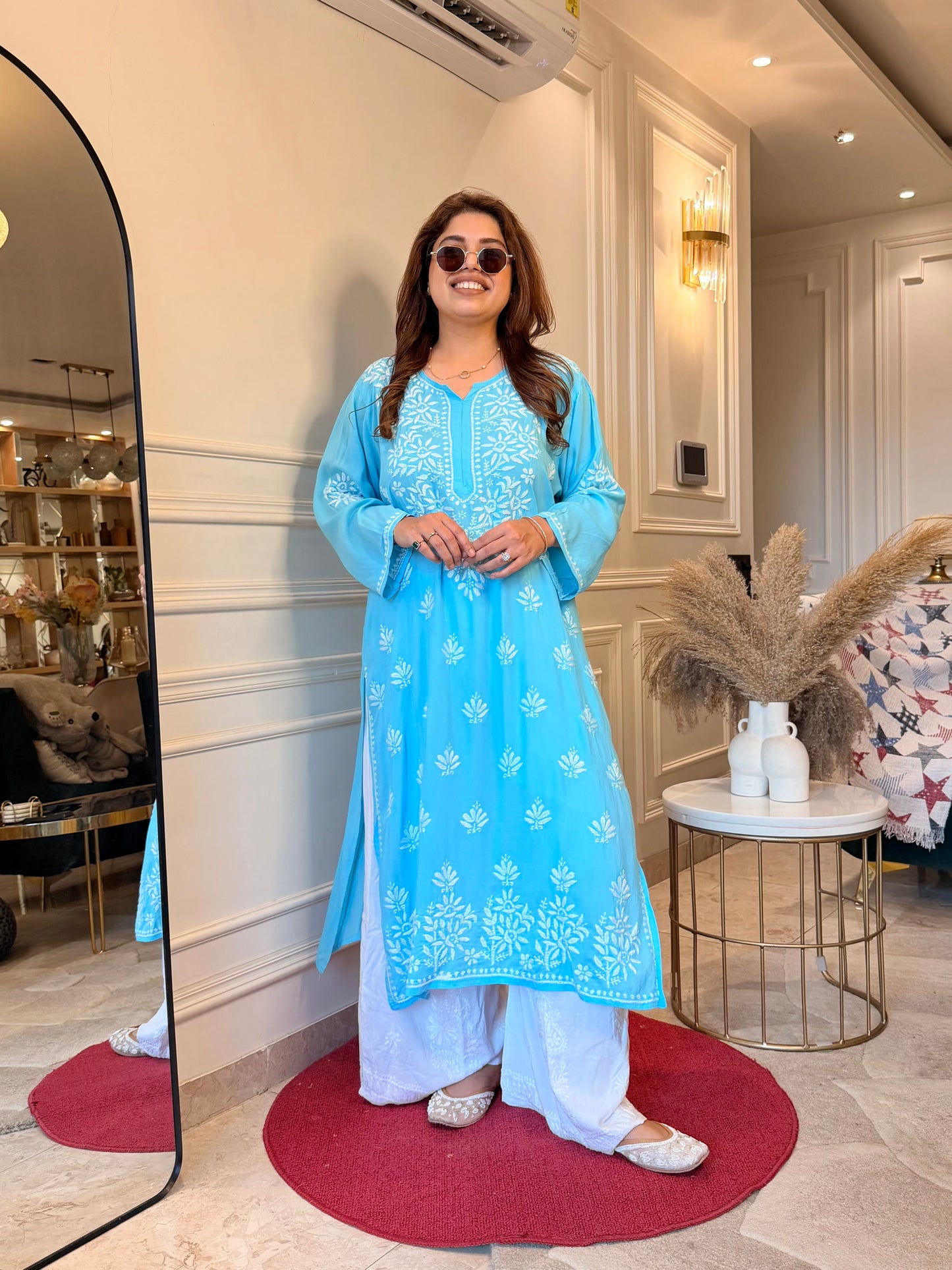 Hand Embroidered Chikankari Kurta | Modal | Turquoise Blue