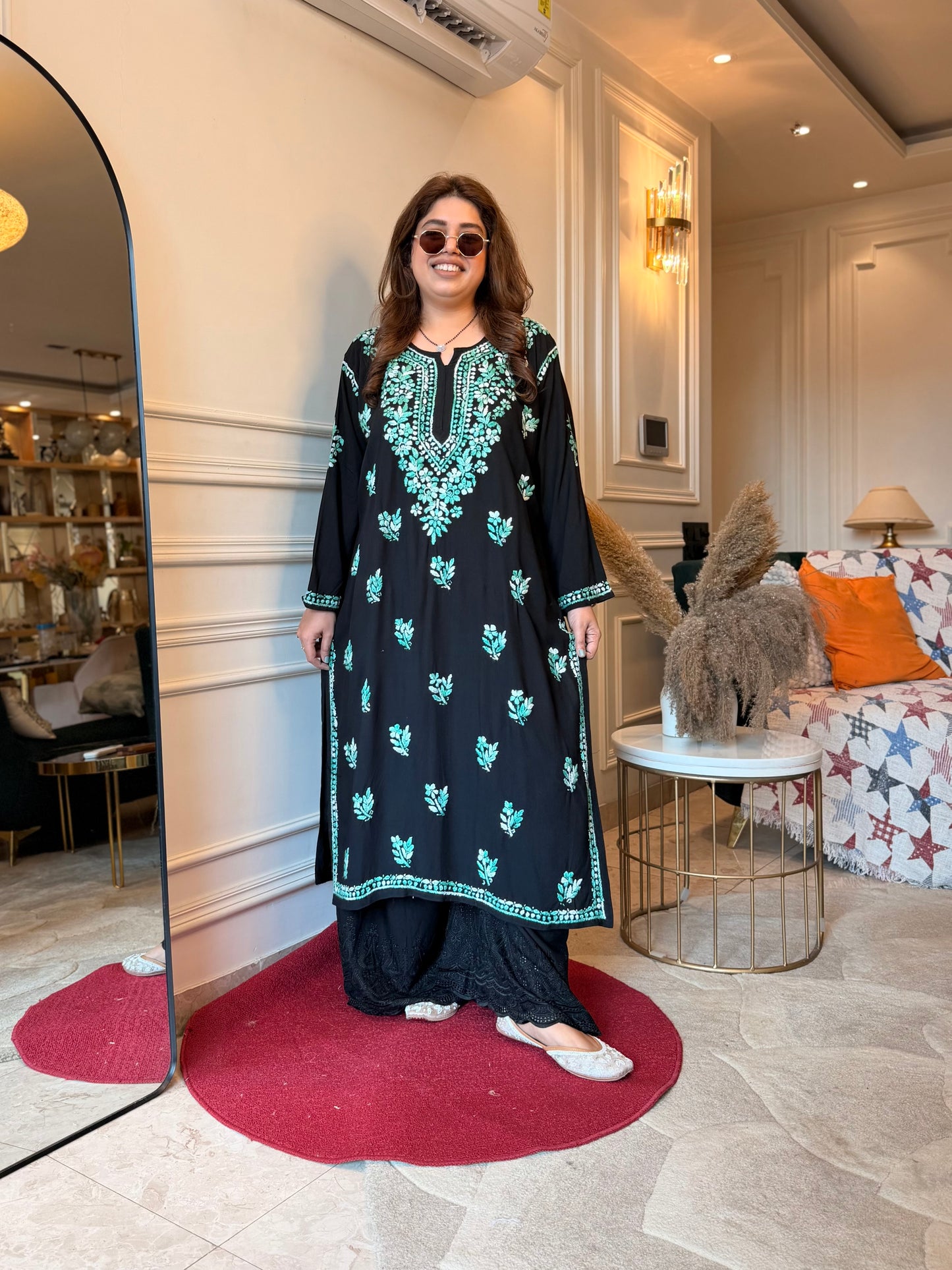 Hand Embroidered Chikankari Kurta  | Premium Cotton | Black with Teal Green