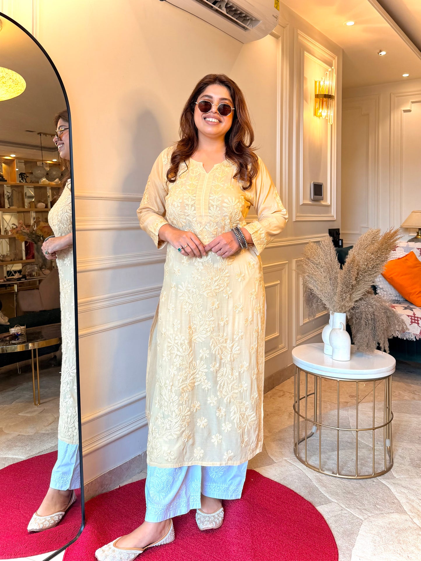 Hand embroidered Chikankari Kurta set | Mul Chanderi | Ivory colour