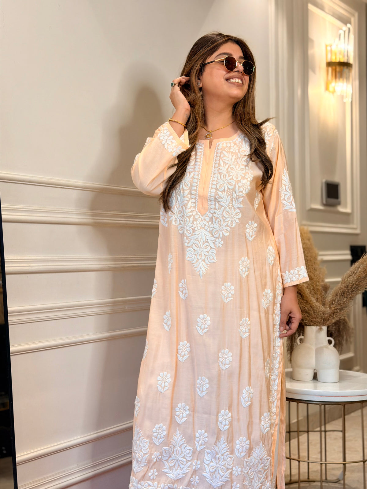 Hand Embroidered 3D Chikankari Kurta | Mul Chanderi | Peach