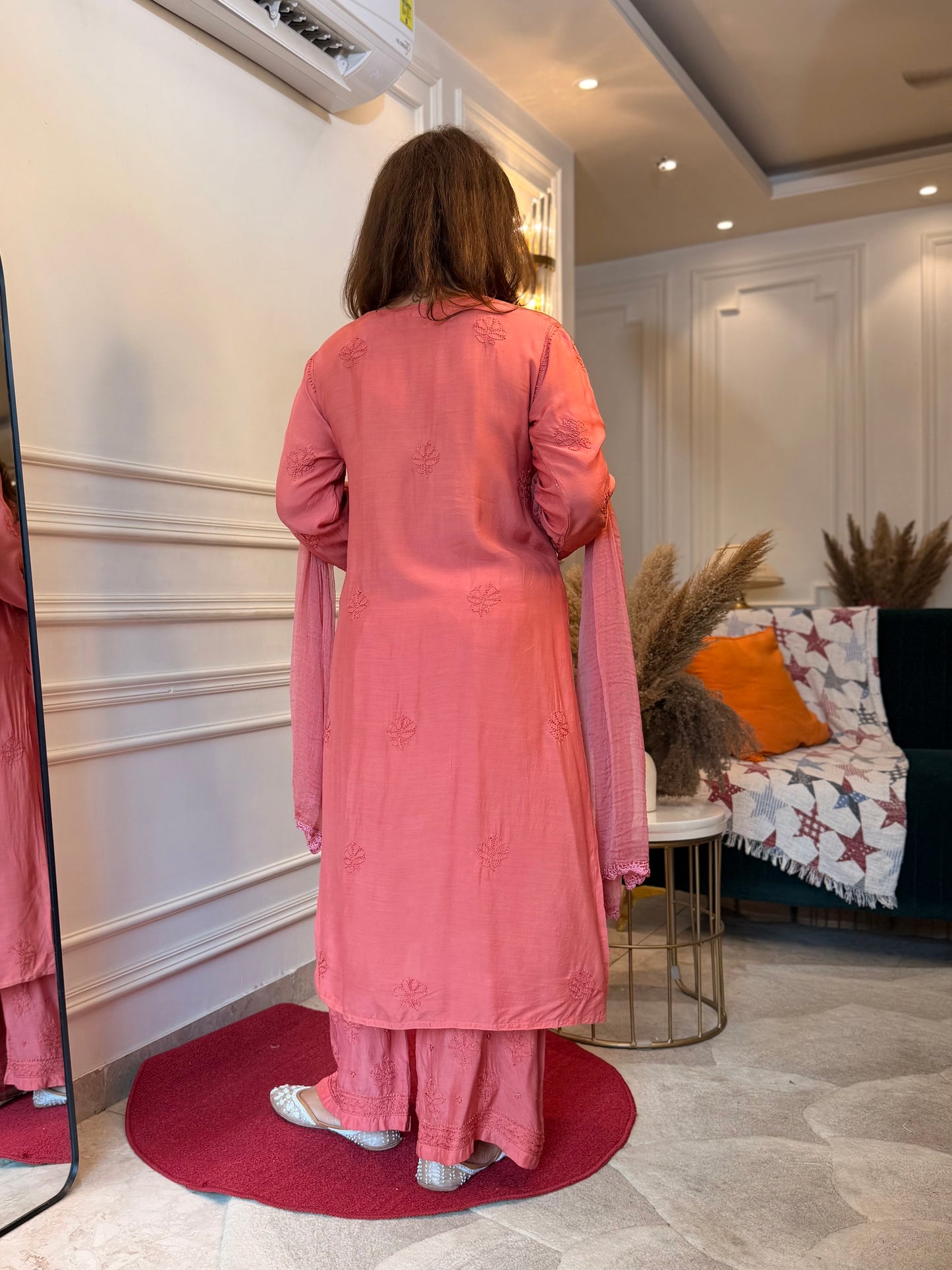 Hand Embroidered Chikankari 3 piece Kurta set | Mul Chanderi | Rust