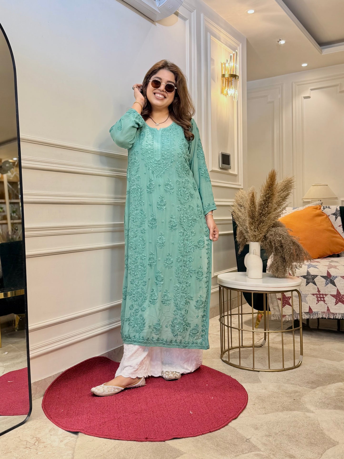 Hand Embroidered 6D Chikankari Kurta  | Premium Viscose | Teal