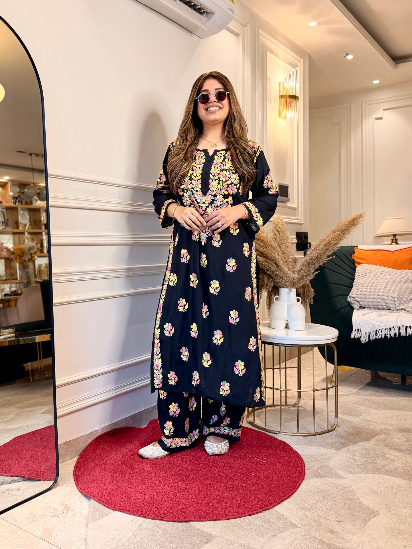Hand Embroidered Chikankari Kurta Set | Modal | Black with Multi colour